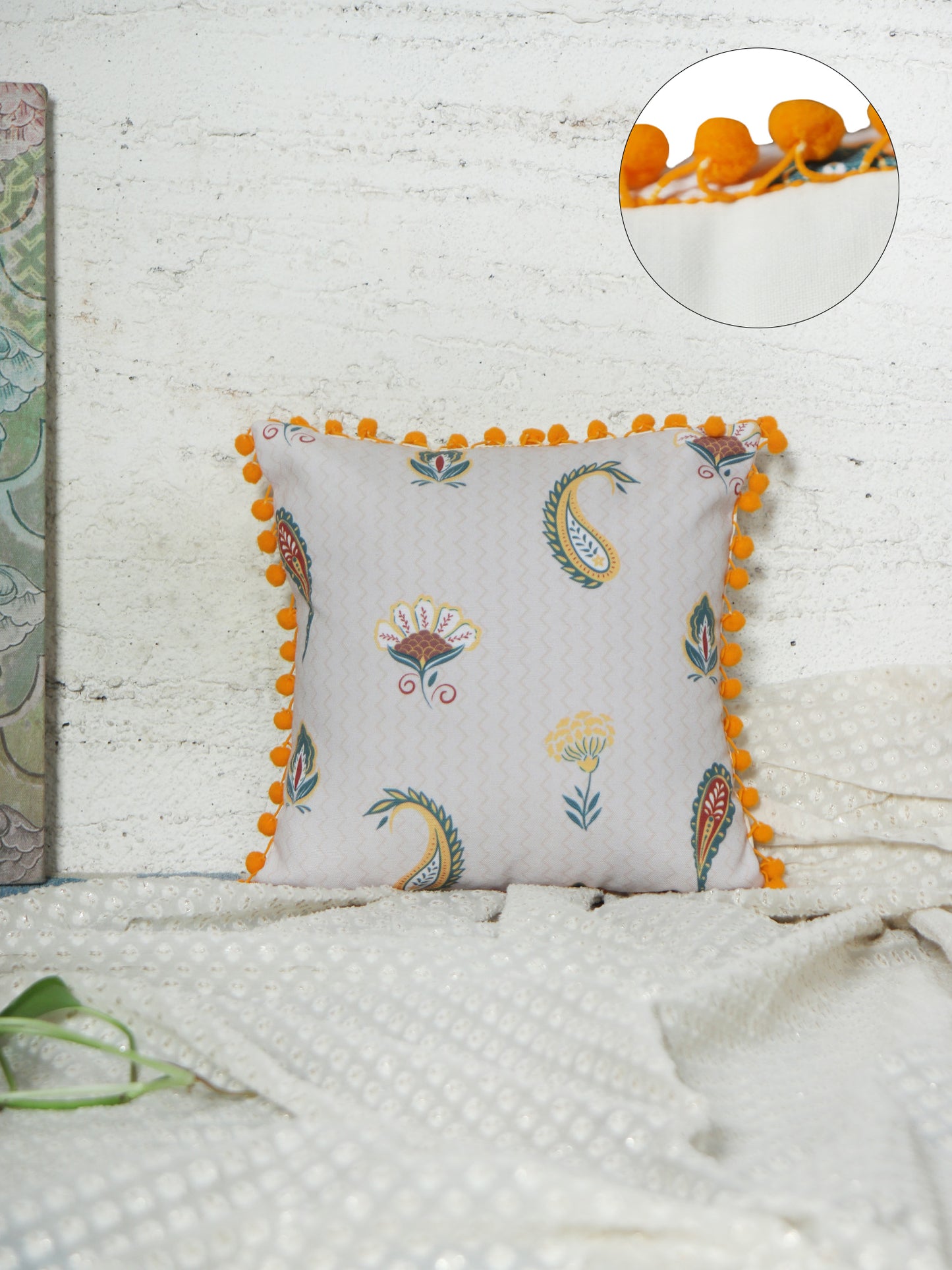 Cushion Cover for Sofa, Bed | PolyCanvas with Floral Prints & Pompoms | Off White - 12x12in(30x30cm) (Pack of 1)