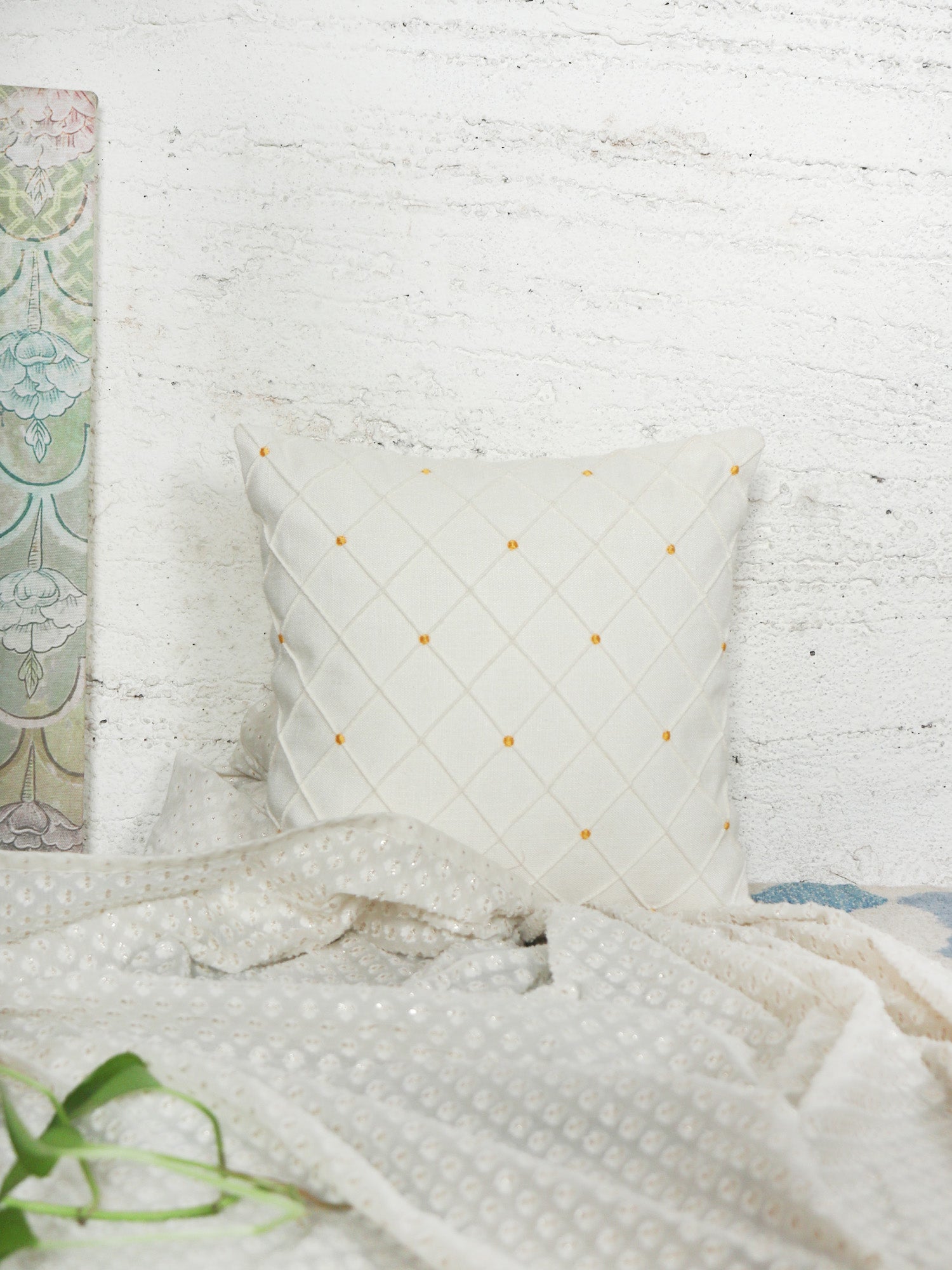 Cushion Cover for Sofa, Bed | PolyCanvas | Self Textured with Pintuck | Off White Yellow - 12x12in(30x30cm) (Pack of 1)