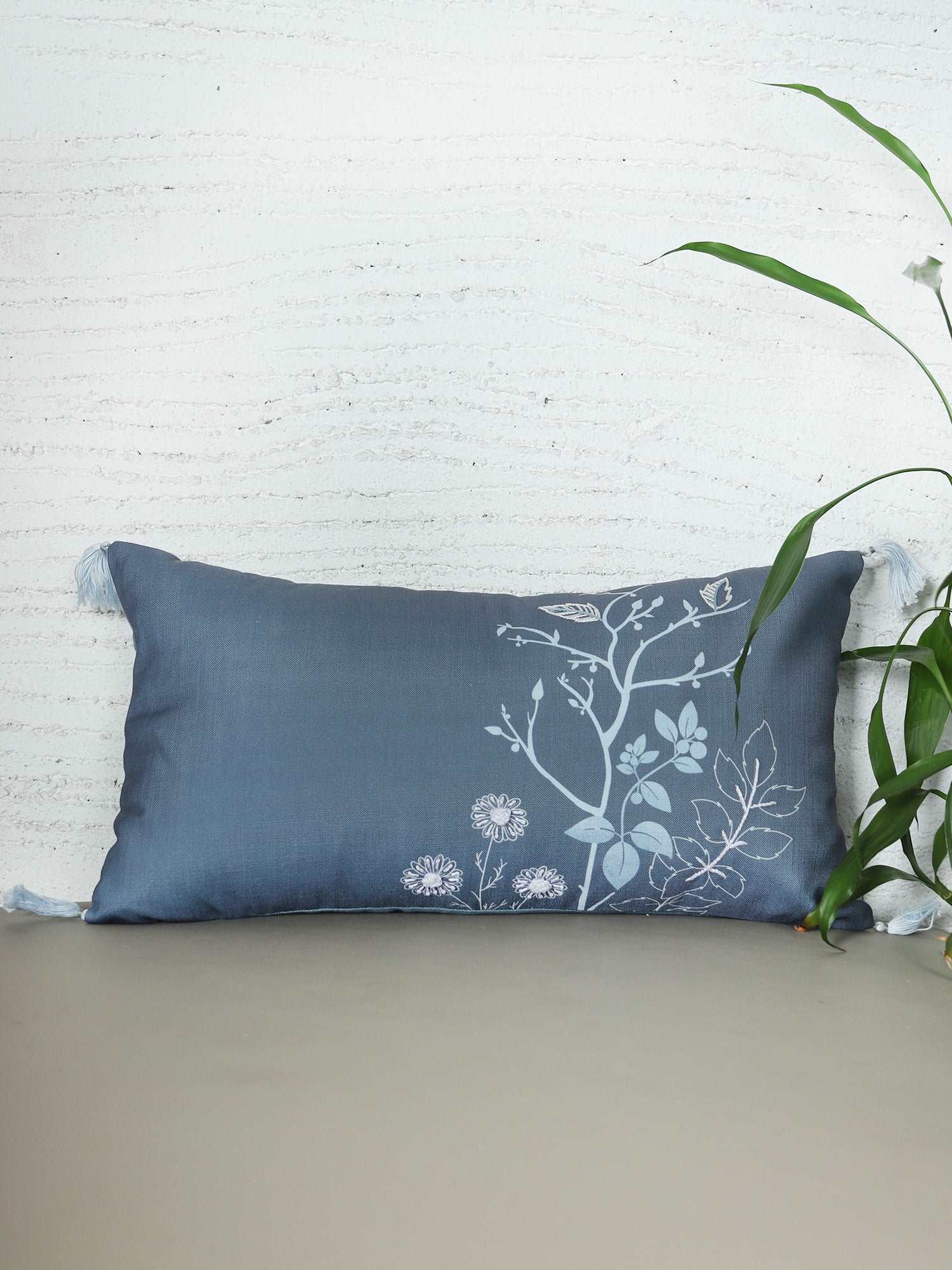 Cushion Cover for Sofa, Bed | PolyCanvas with Floral Print & Tassels | Blue - 12x22in(30x56cm) (Pack of 1)