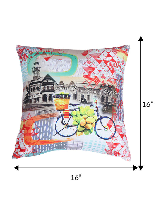Cushion Cover with Vintage Mumbai Print - Polycanvas | Multicolor - 16x16in