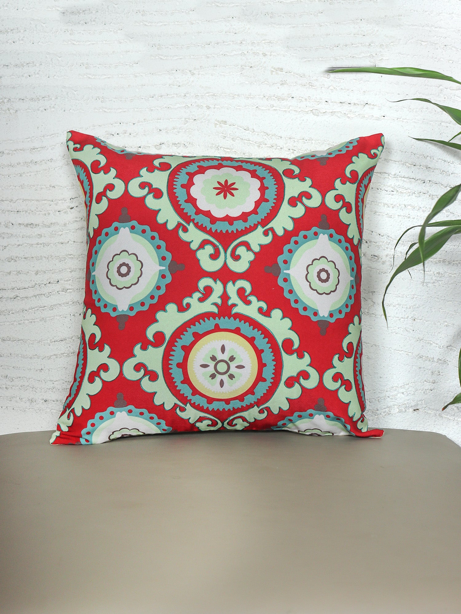 ZEBA World Eurosham Square Cushion Cover for Sofa, Bed | Embroidery Highlights on Motif Print - Polycanvas | Red - 20x20in(50x50cm) (Pack of 1)