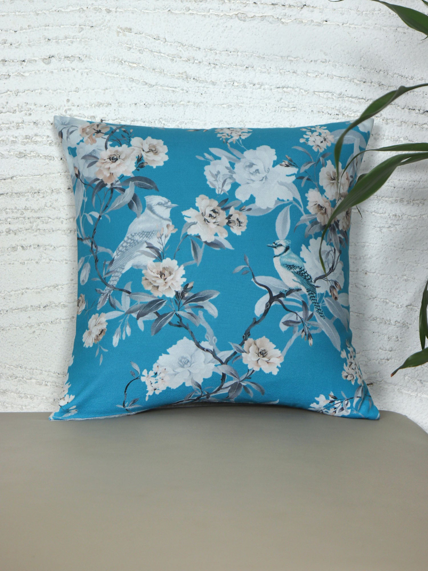 ZEBA World Square Cushion Cover for Sofa, Bed | Botanical Garden Print - Polycanvas | Teal Blue - 16x16in(40x40cm) (Pack of 1)