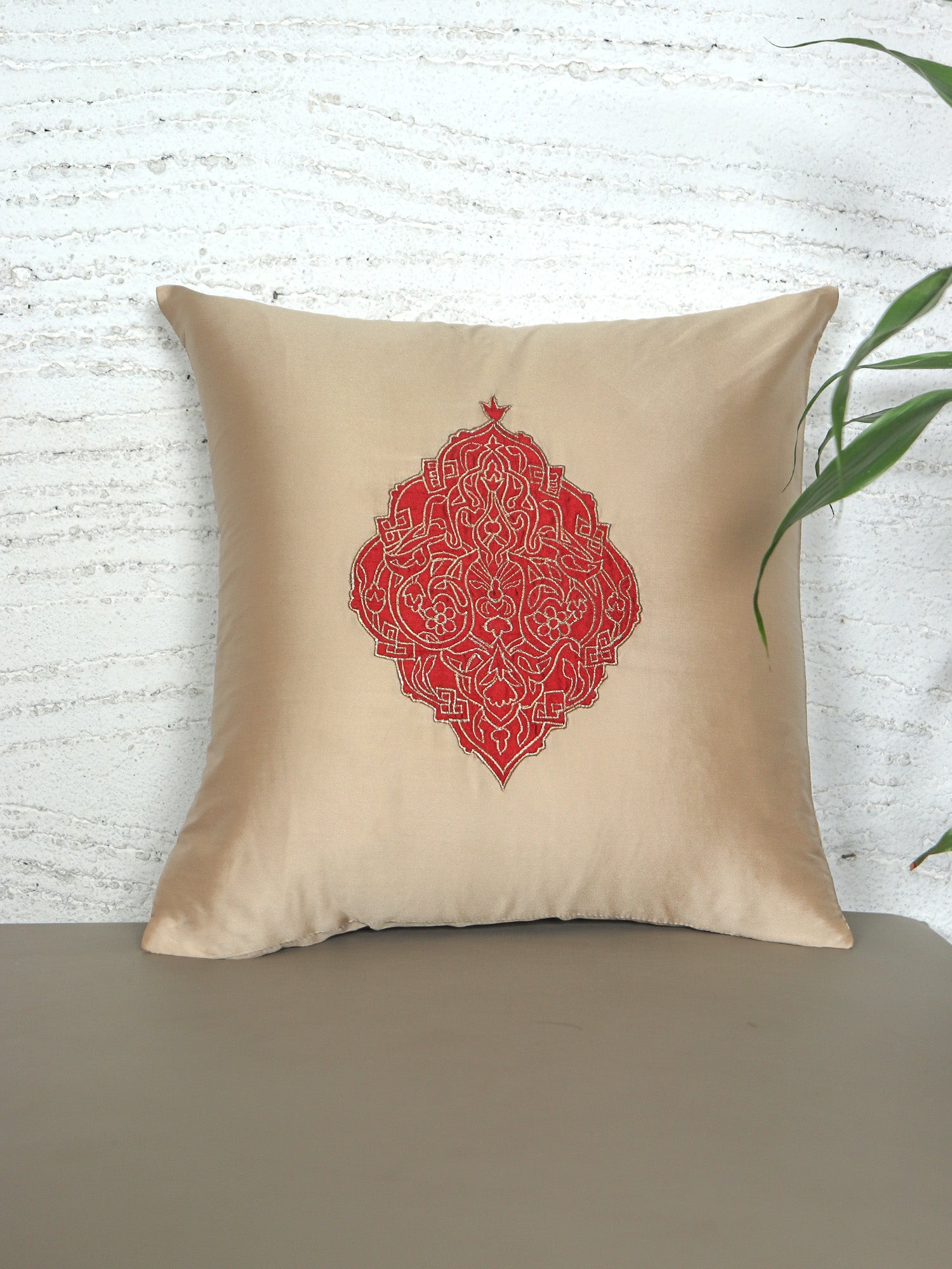 ZEBA World Square Cushion Cover for Sofa, Bed | Floral Motif Embroidery - Polyester | Gold - 16x16in(40x40cm) (Pack of 1)