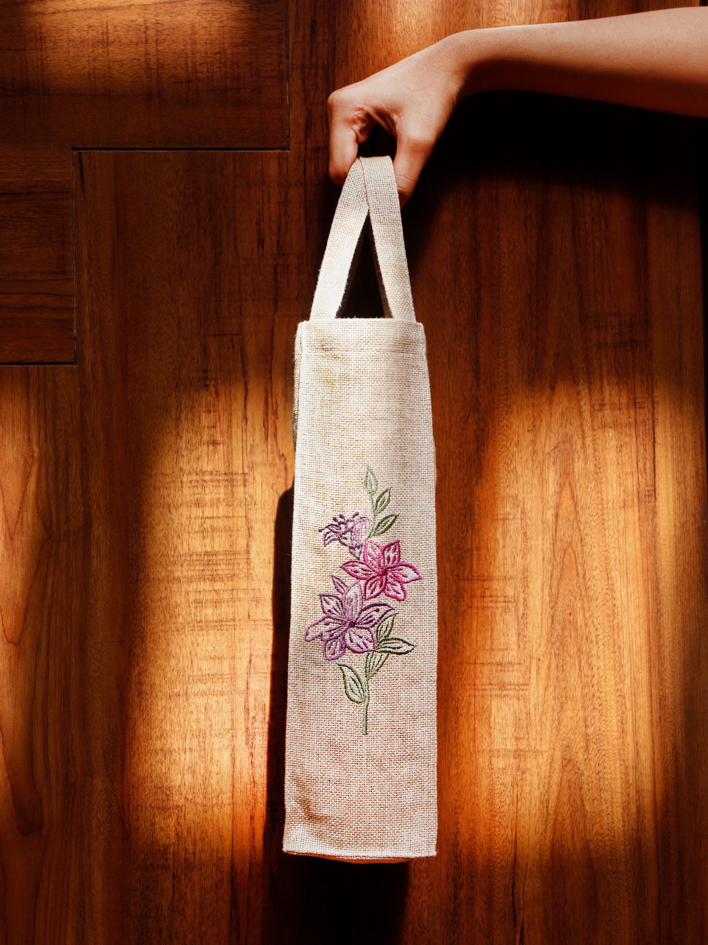 Wine Bottle Gift Bag | Floral Embroidered | Valentine's Day Gift | Brown - 3.5x13 Inch (Set of 2)