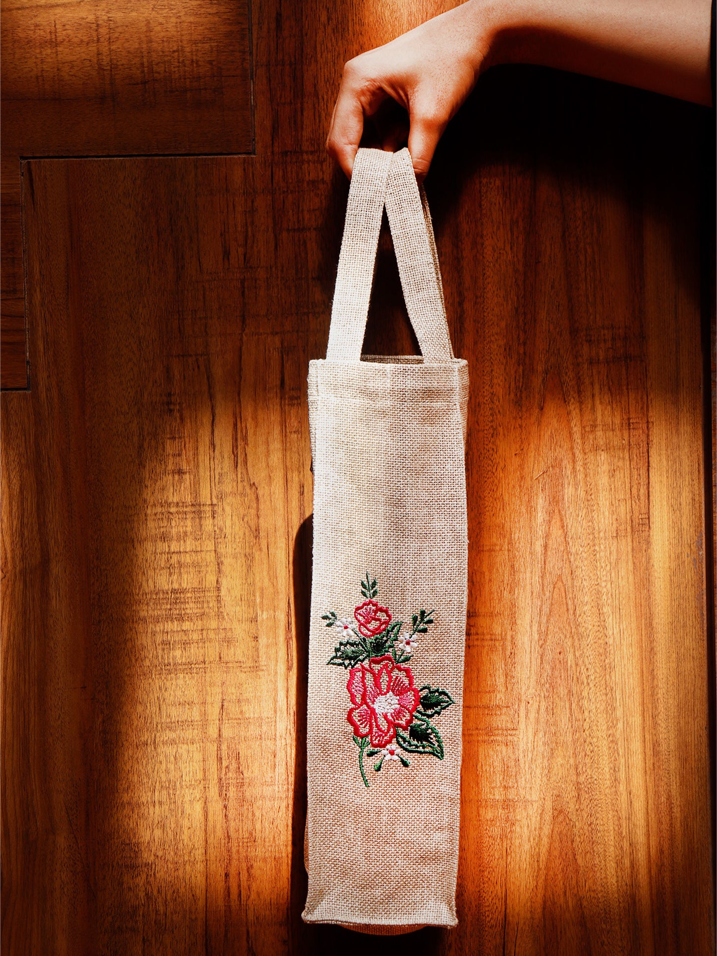 Wine Bottle Gift Bag | Floral Embroidered | Valentine's Day Gift | Brown - 3.5x13 Inch (Set of 2)