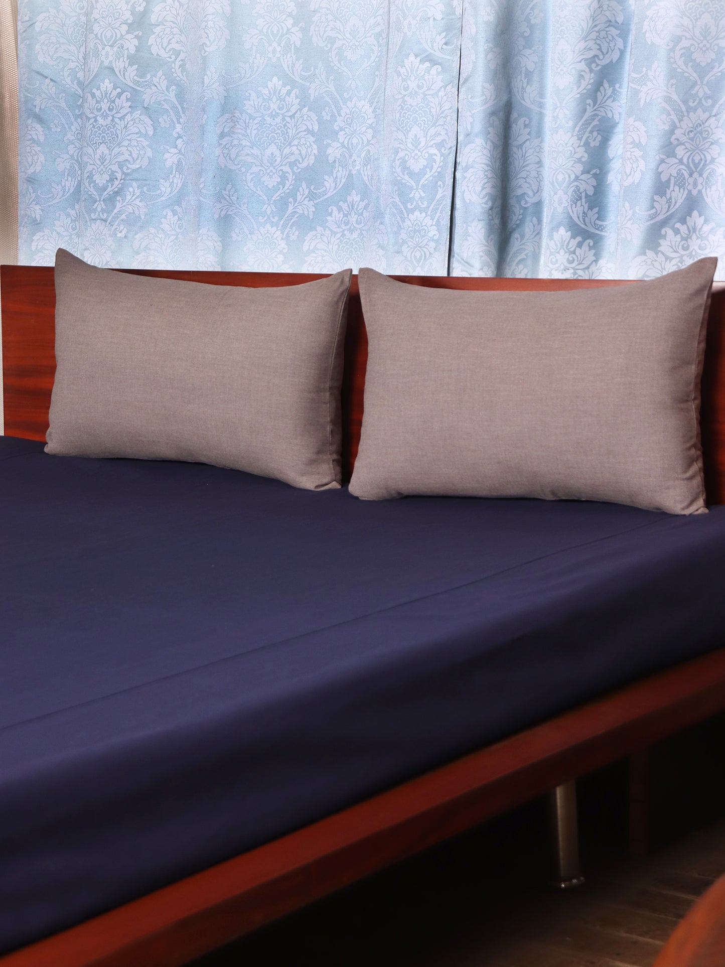 navy blue colored bed cover with 2 contrasting pillow covers made from polyester blend for queen size double bed 90x108 inch