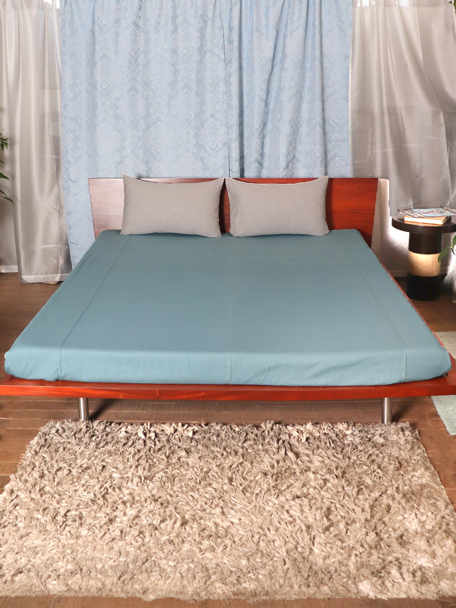 Bed Cover Textured Cotton Blend Teal Blue - 90" X 108", 17" X 27"