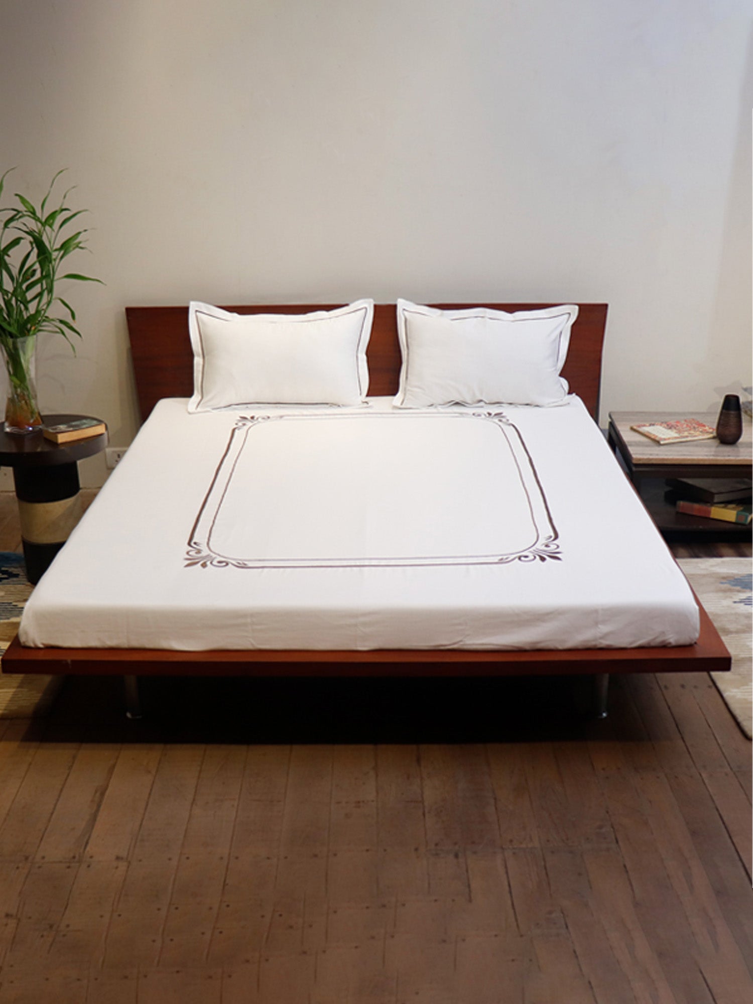 Bed Sheet with 2 Pillow Covers Cotton Embroidered White (90" X 108" ; Pillow - 17" X 27")