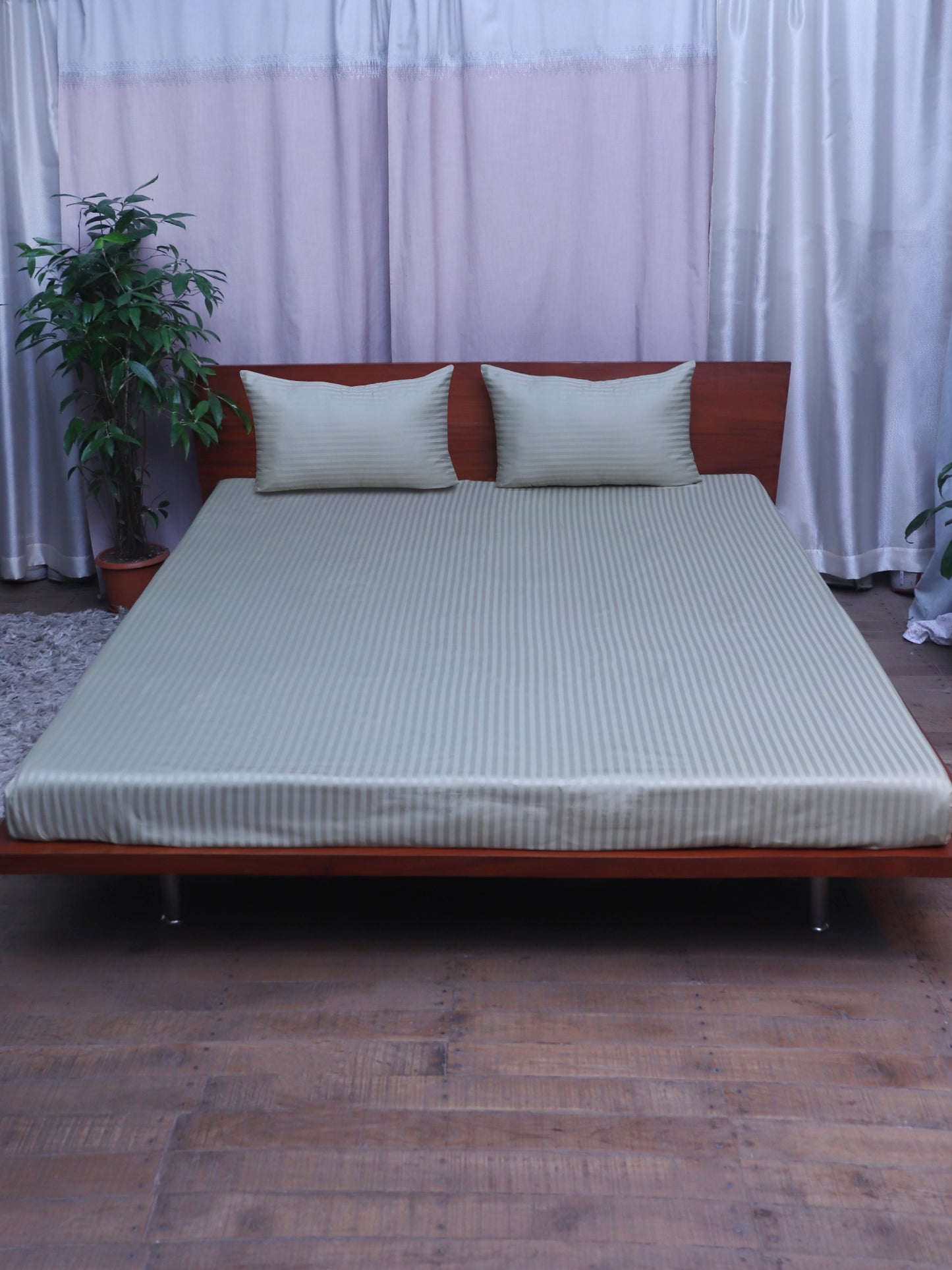 Bed Sheet King Size Striped Cotton Sage Green - 108" x 108", 17" x 27"