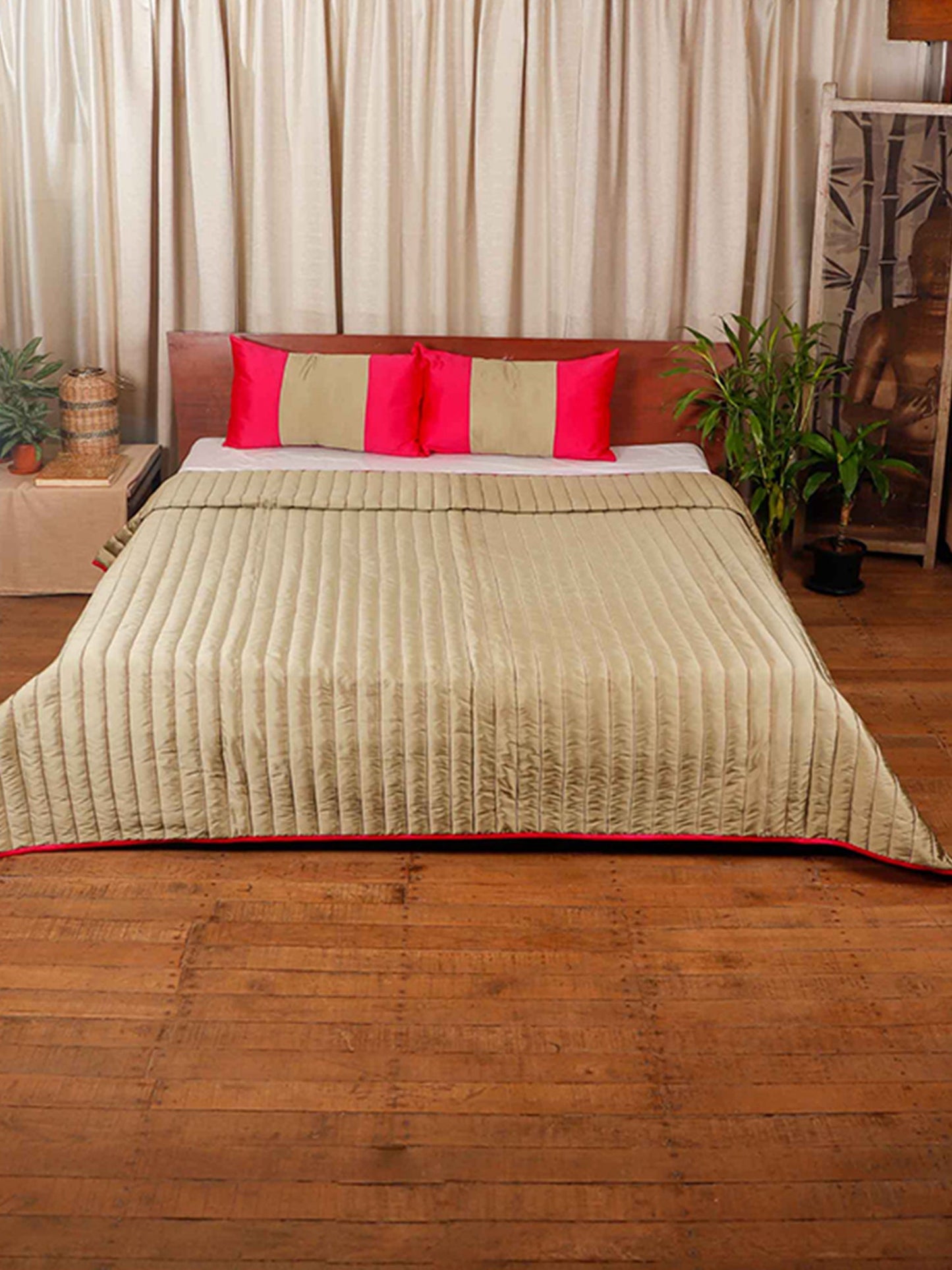 Quilt with 2 Pillow Shams Polyester Self Textured Pink/Beige - (90" X 108" ; Pillow - 17" X 27")