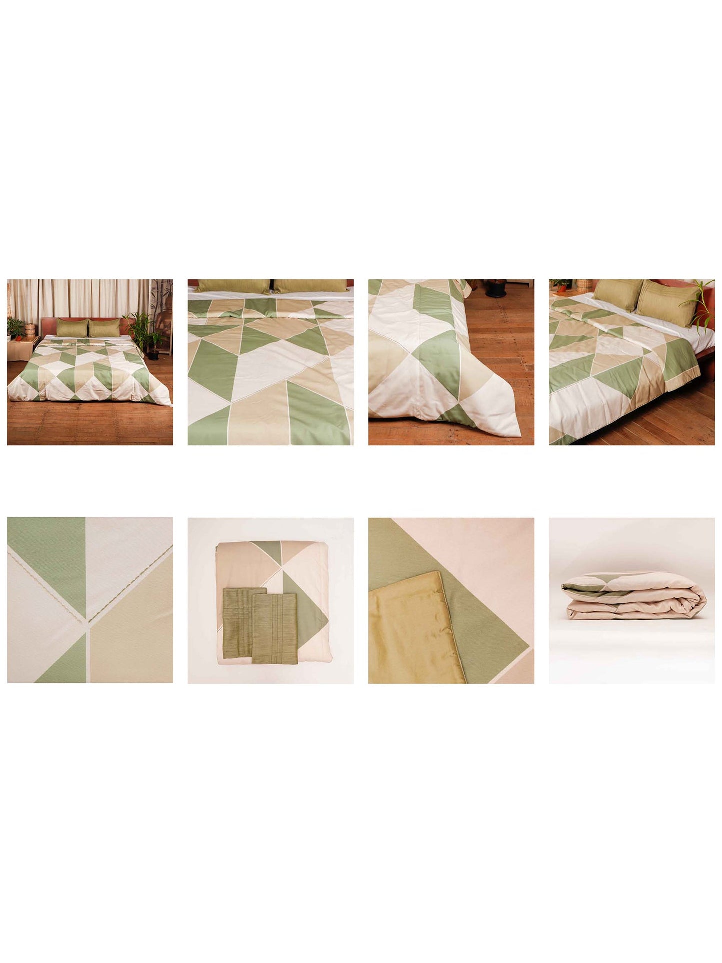 Quilt with 2 Pillow Shams Polyester Blend Digital Print Off-White, Green and Beige - (90" X 108" ; Pillow - 17" X 27")
