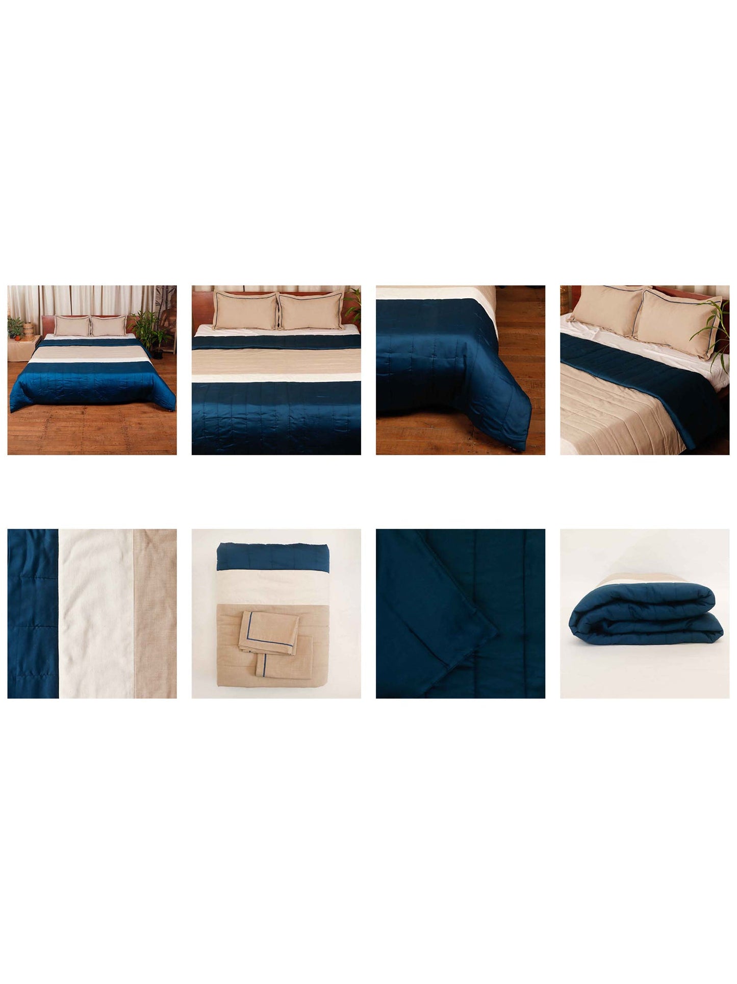 Quilt with 2 Pillow Shams Cotton and Polyester Patchwork Off-White, Blue and Beige - (90" X 108" ; Pillow - 17" X 27")