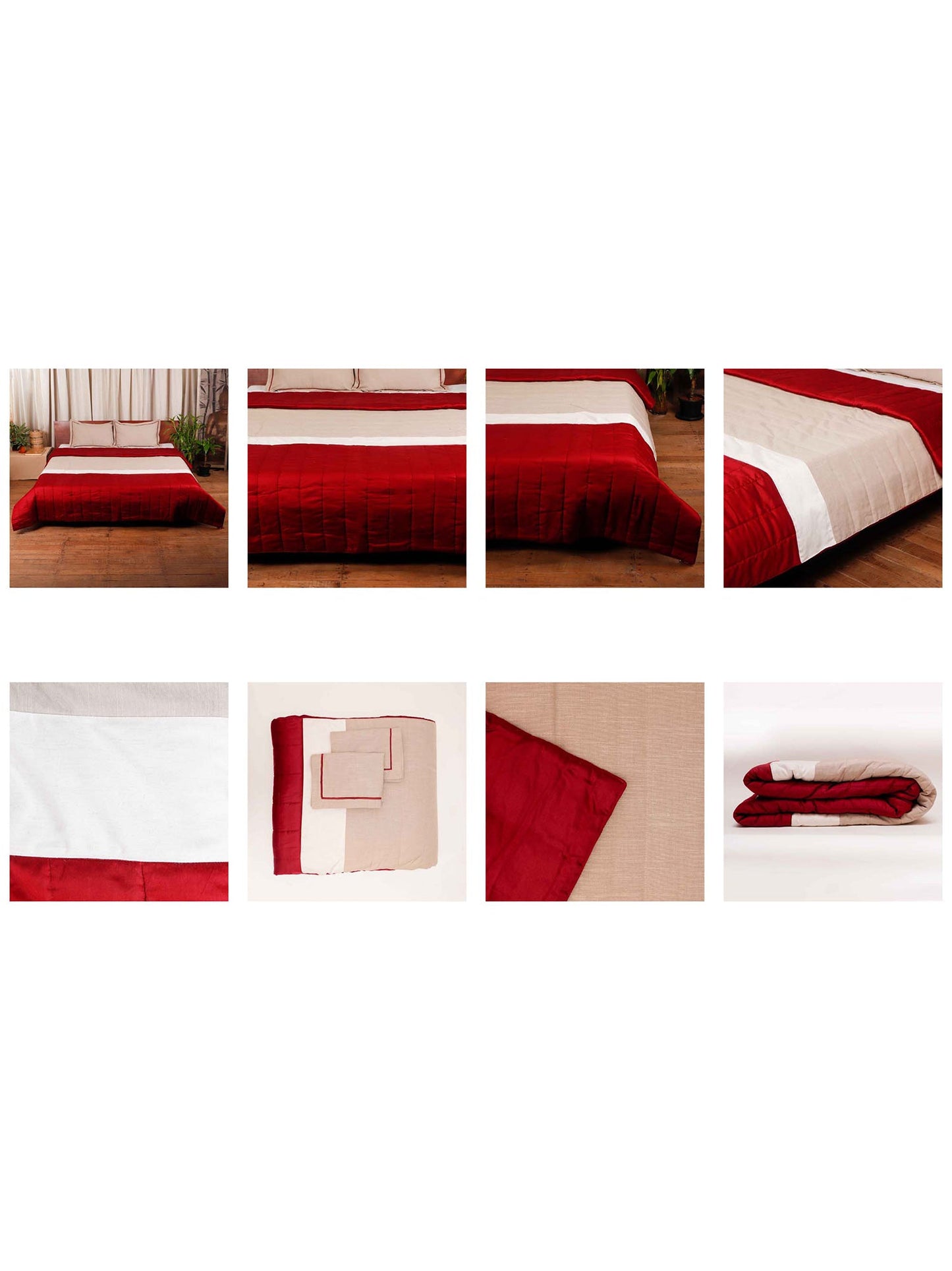 Quilt with 2 Pillow Shams Cotton and Polyester Patchwork Off-White, Red and Beige - (90" X 108" ; Pillow - 17" X 27")