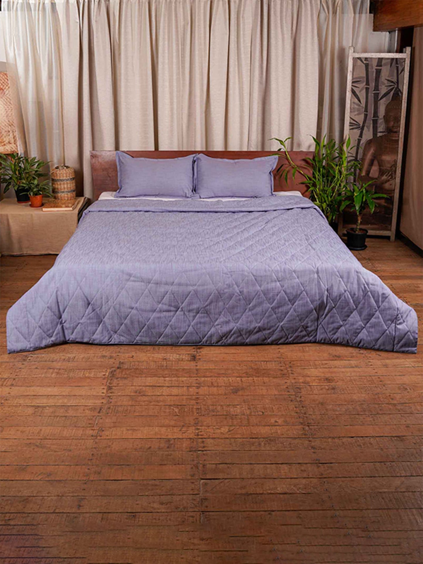 Quilt with 2 Pillow Shams Cotton Diamond Quilted Blue - (90" X 108" ; Pillow - 17" X 27")