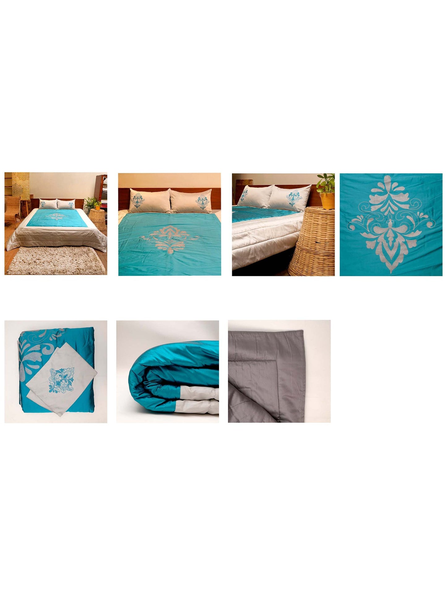 Quilt with 2 Pillow Shams Polyester and Cotton Embroidered Turquoise Blue - (90" X 108" ; Pillow - 17" X 27")