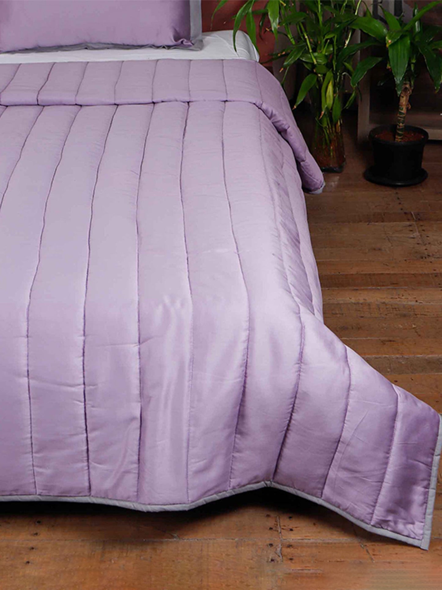 Purple colored bed quilt /comforter with 2 matching pillow covers made from polyester front and cotton backed quilt for king size double bed 