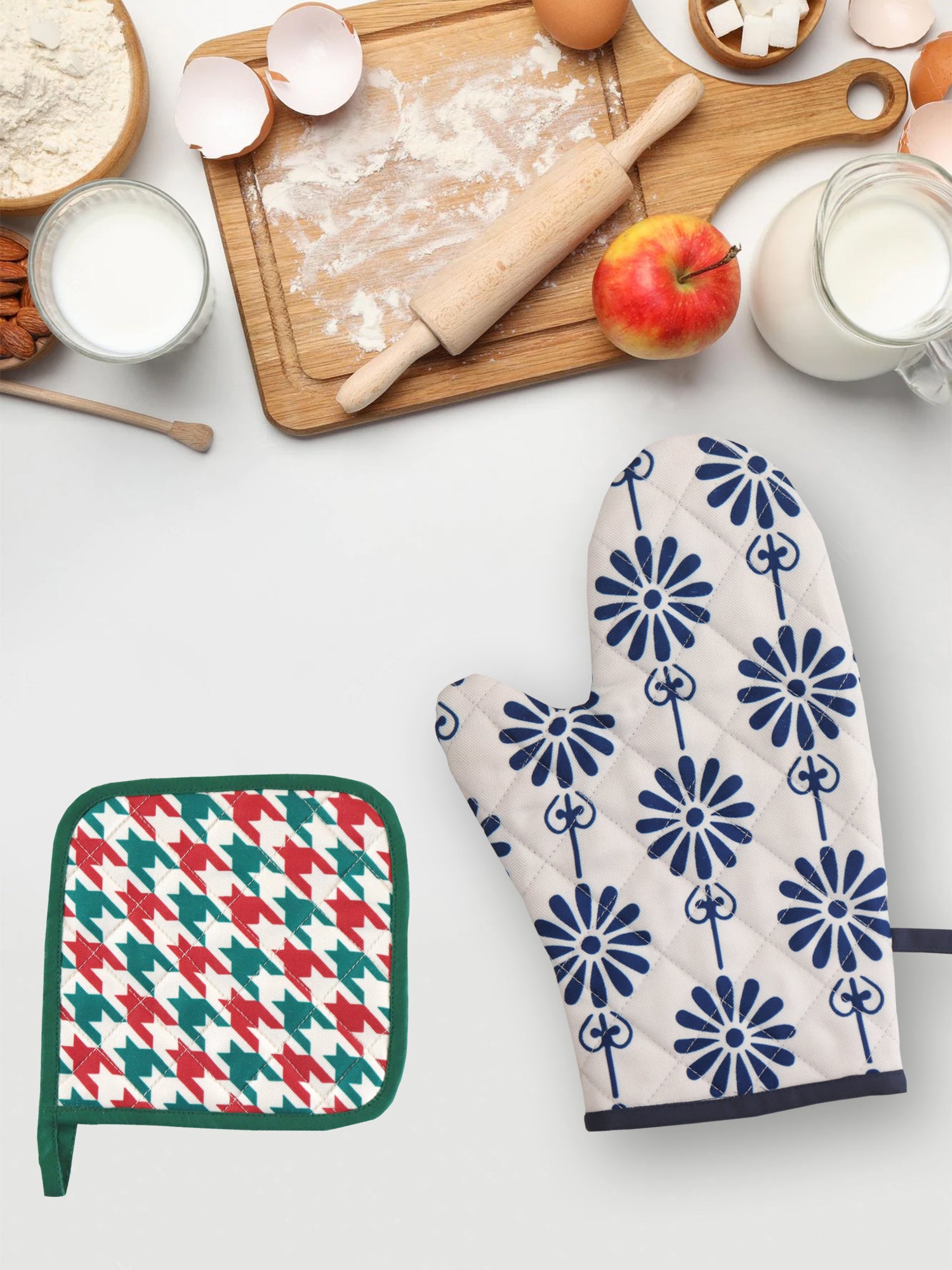 Pot Holder Checks and Floral Padded Oven Mitten - Heat Resistant - Cotton Blend Red Green - 7in x 7in, 5.5in x 10.5in