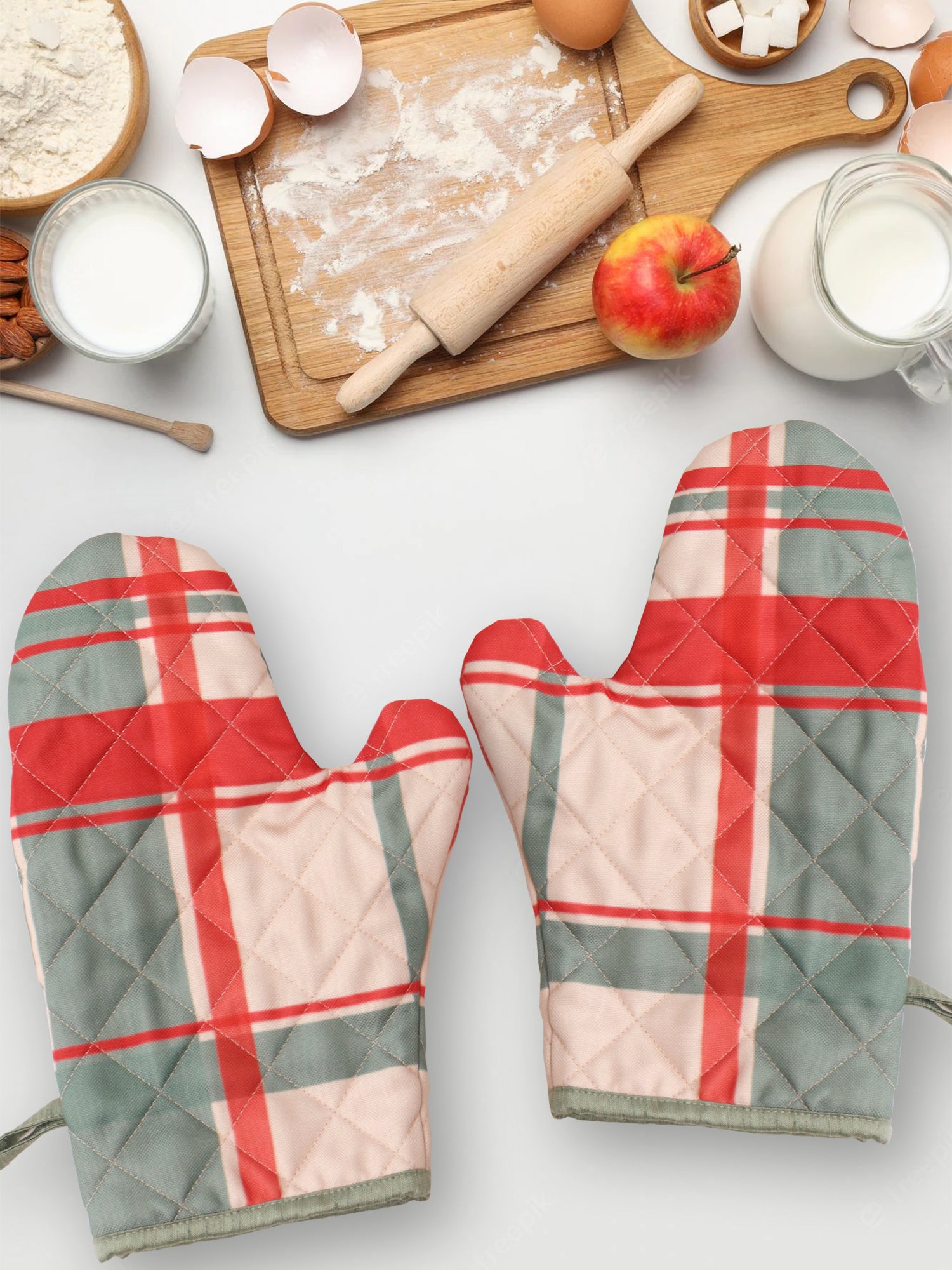 Oven Mitten (Set of 2) Padded - Heat Resistant - Cotton Blend Plaid Multi - 5.5in X 10.5in