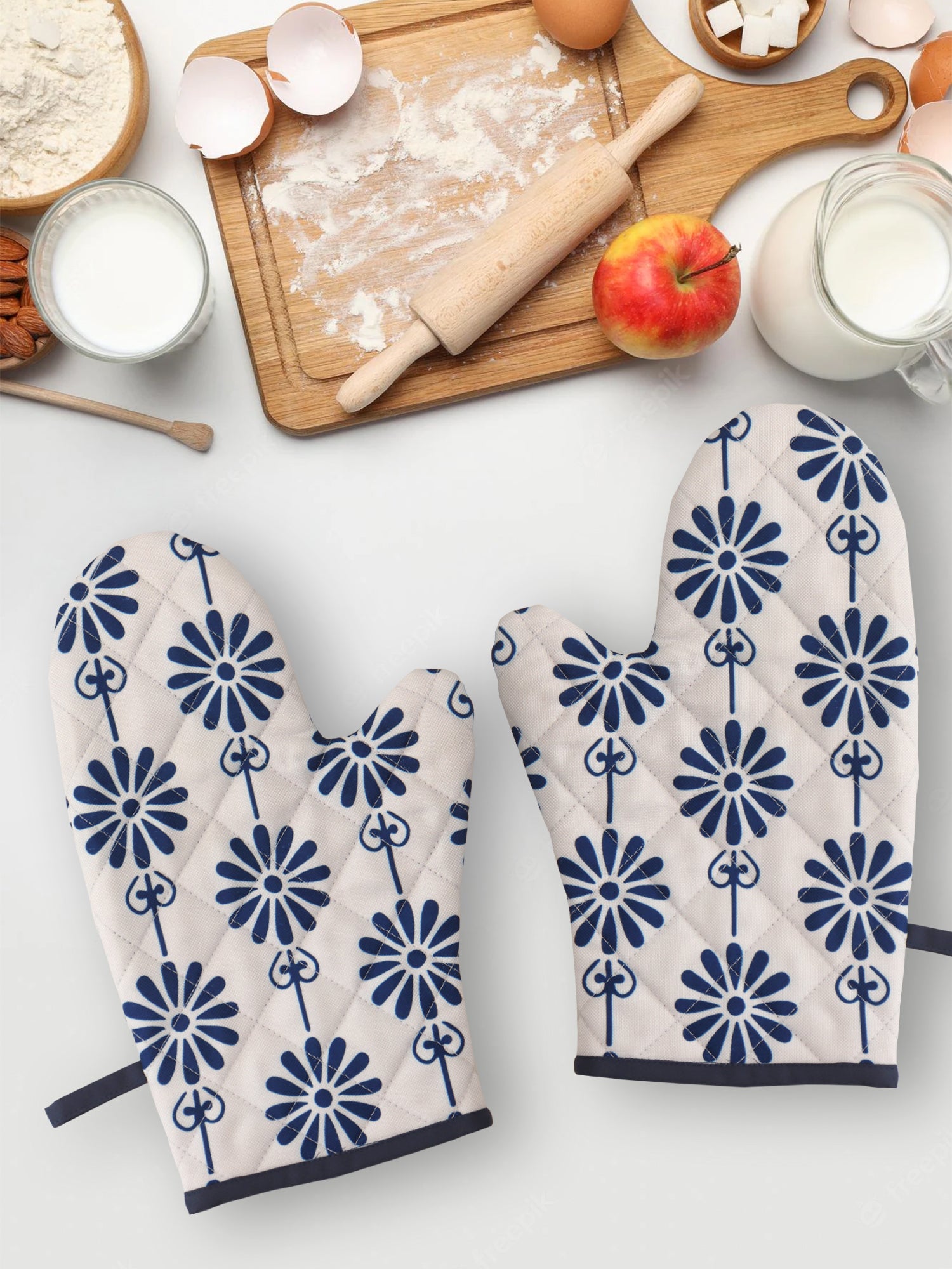 Oven Mitten (Set of 2) Padded - Heat Resistant - Cotton Blend Floral Blue - 5.5in X 10.5in