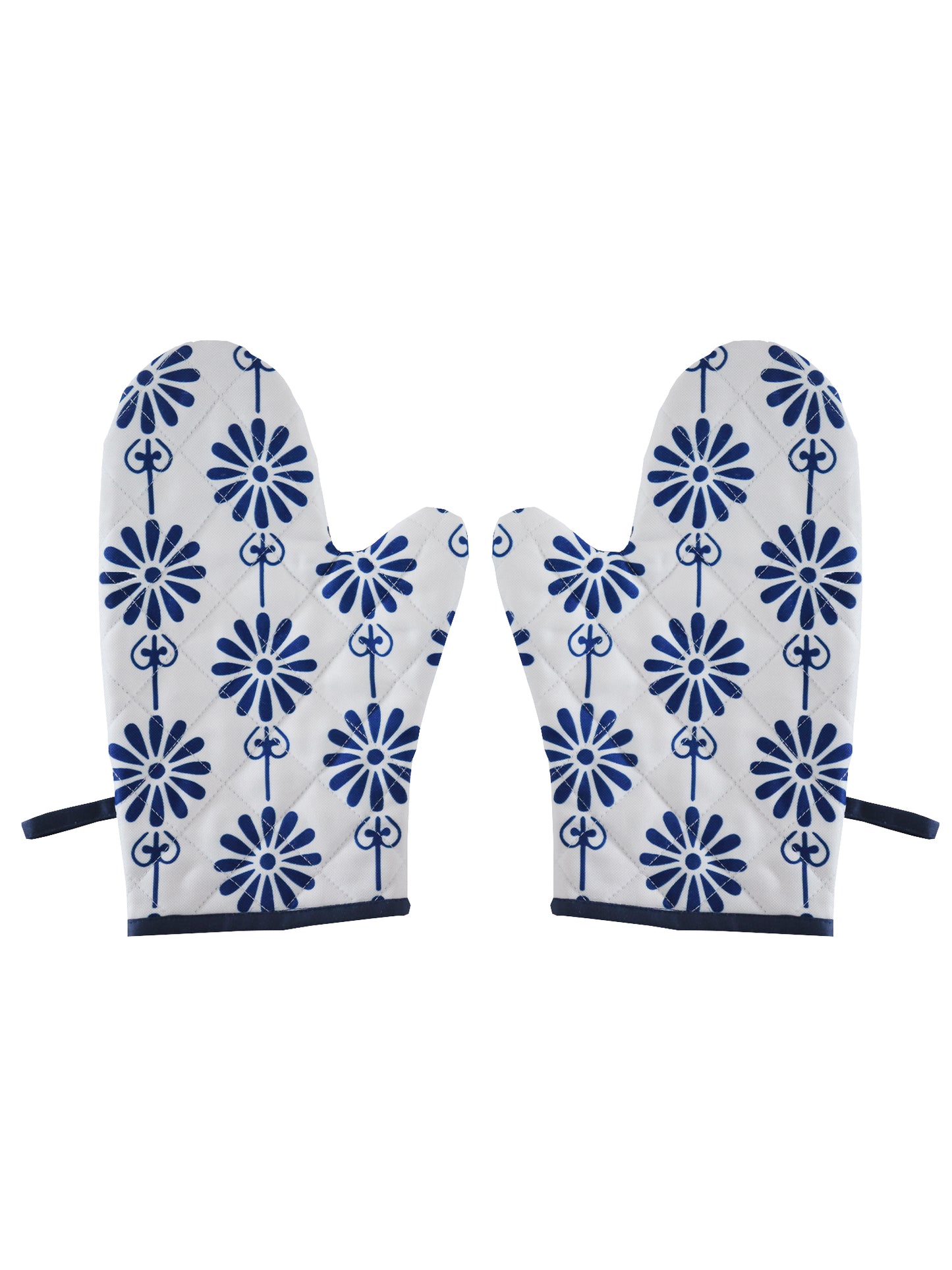 Oven Mitten (Set of 2) Padded - Heat Resistant - Cotton Blend Floral Blue - 5.5in X 10.5in
