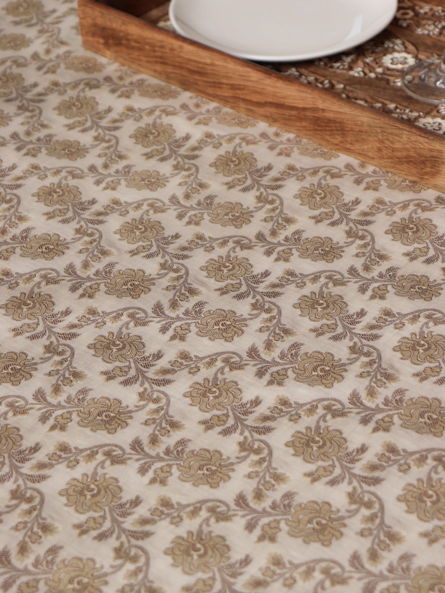 Gold colored benarasi brocade silk table cover with panel border for 6 seater table 52x84 inches