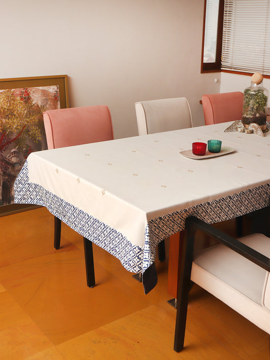 gold colored embroidered table cover with printed panel border for 6 seater table 52x84 inches