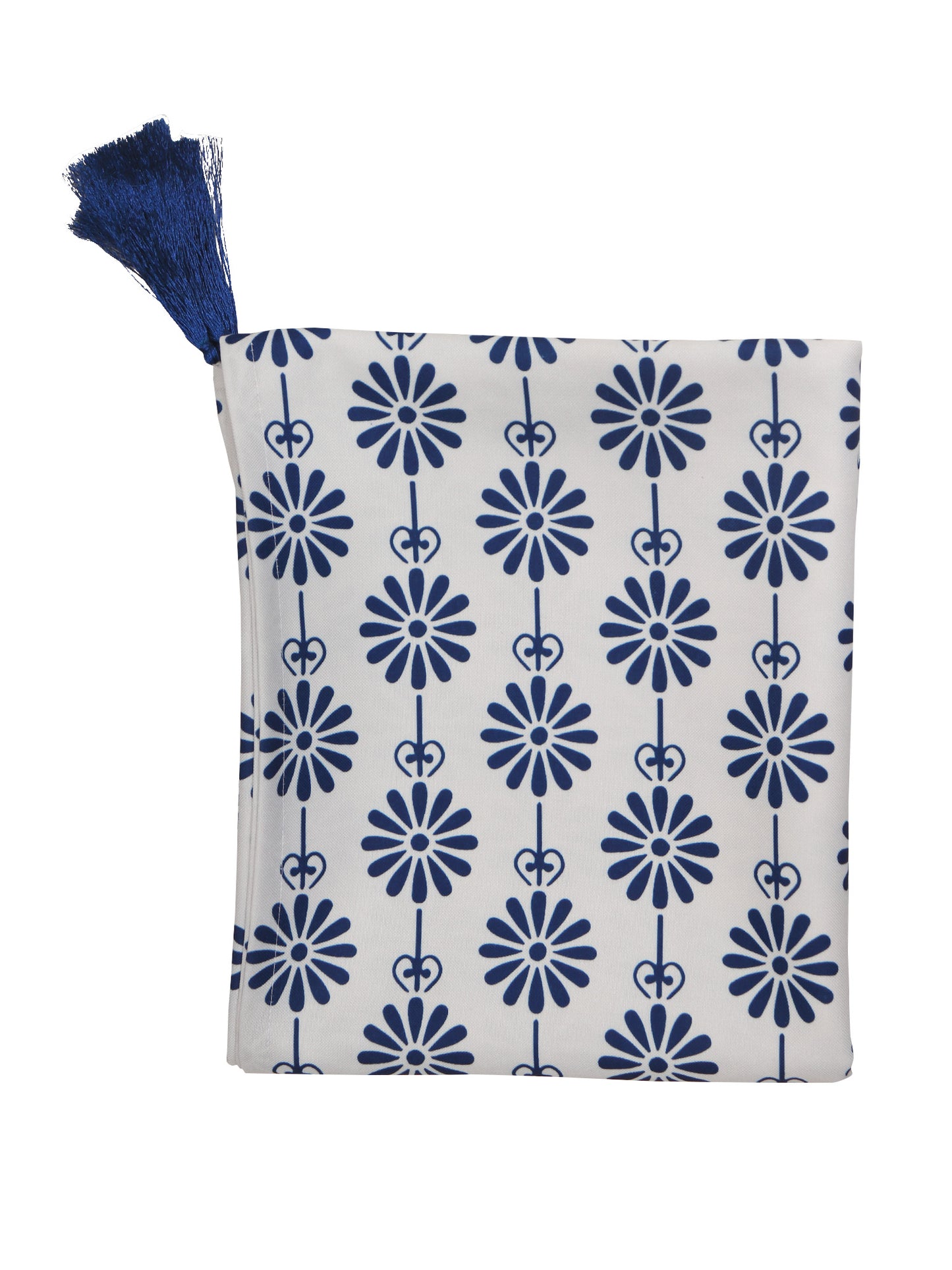 white and blue colored 6 seater floral printed table cover with tassels - 52x84inches