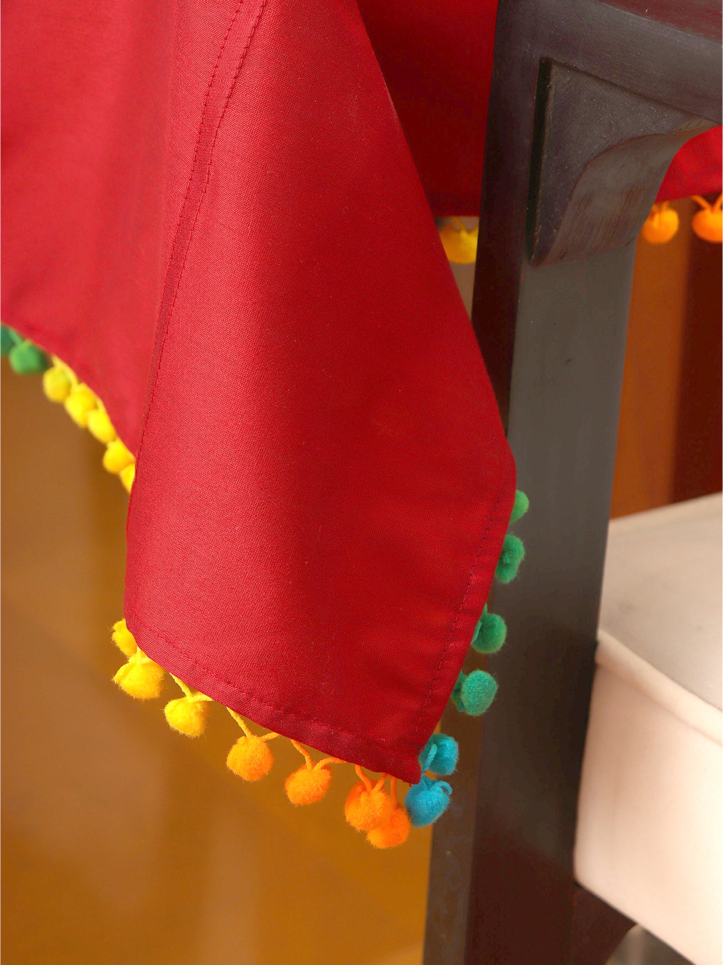 Table Cover Polyester Blend Solid Red with Pompoms - 52" x 84"