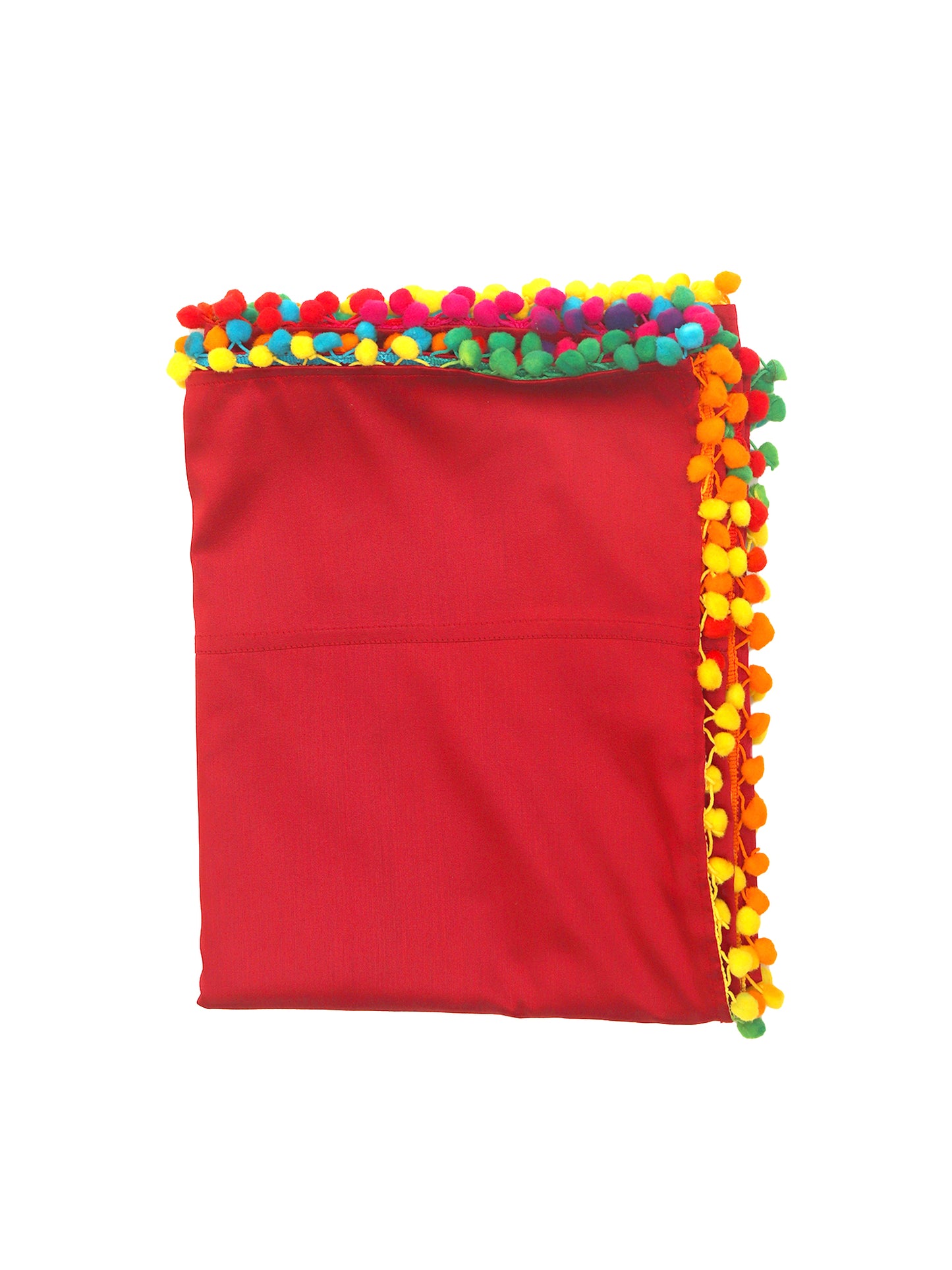 red colored 6 seater table cover with multicolored pompoms - 52x84inches