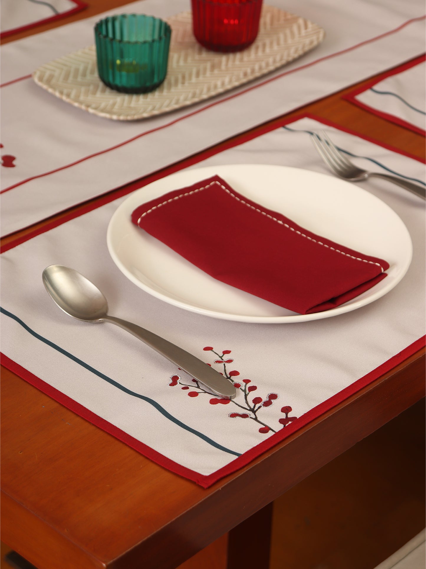 Embroidered Mats Napkins (Set of 6 each) Floral Cotton Polyester Floral Light Grey and Red - 13x18in, 16x16in