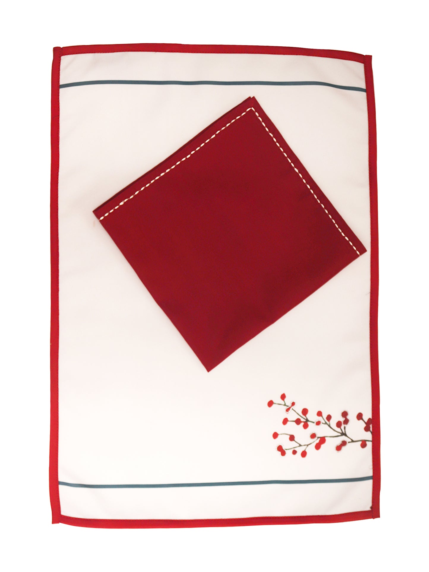 Embroidered Mats Napkins (Set of 6 each) Floral Cotton Polyester Floral Light Grey and Red - 13x18in, 16x16in