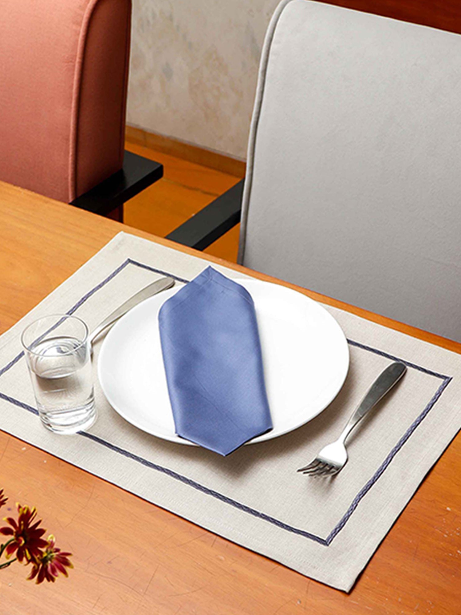 Table Mats and Napkins 100% Cotton Self Textured Blue and Beige - 13" x 19" ; 16" x 16" - Set of 6
