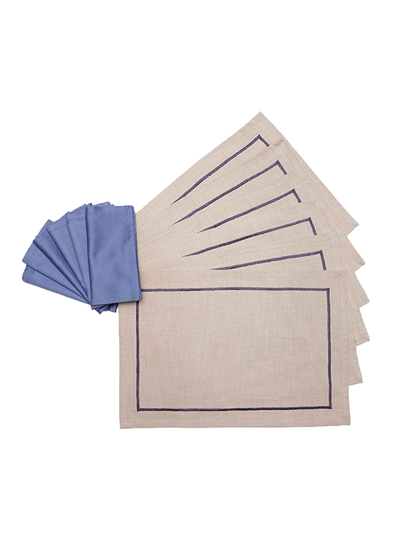 Table Mats and Napkins 100% Cotton Self Textured Blue and Beige - 13" x 19" ; 16" x 16" - Set of 6