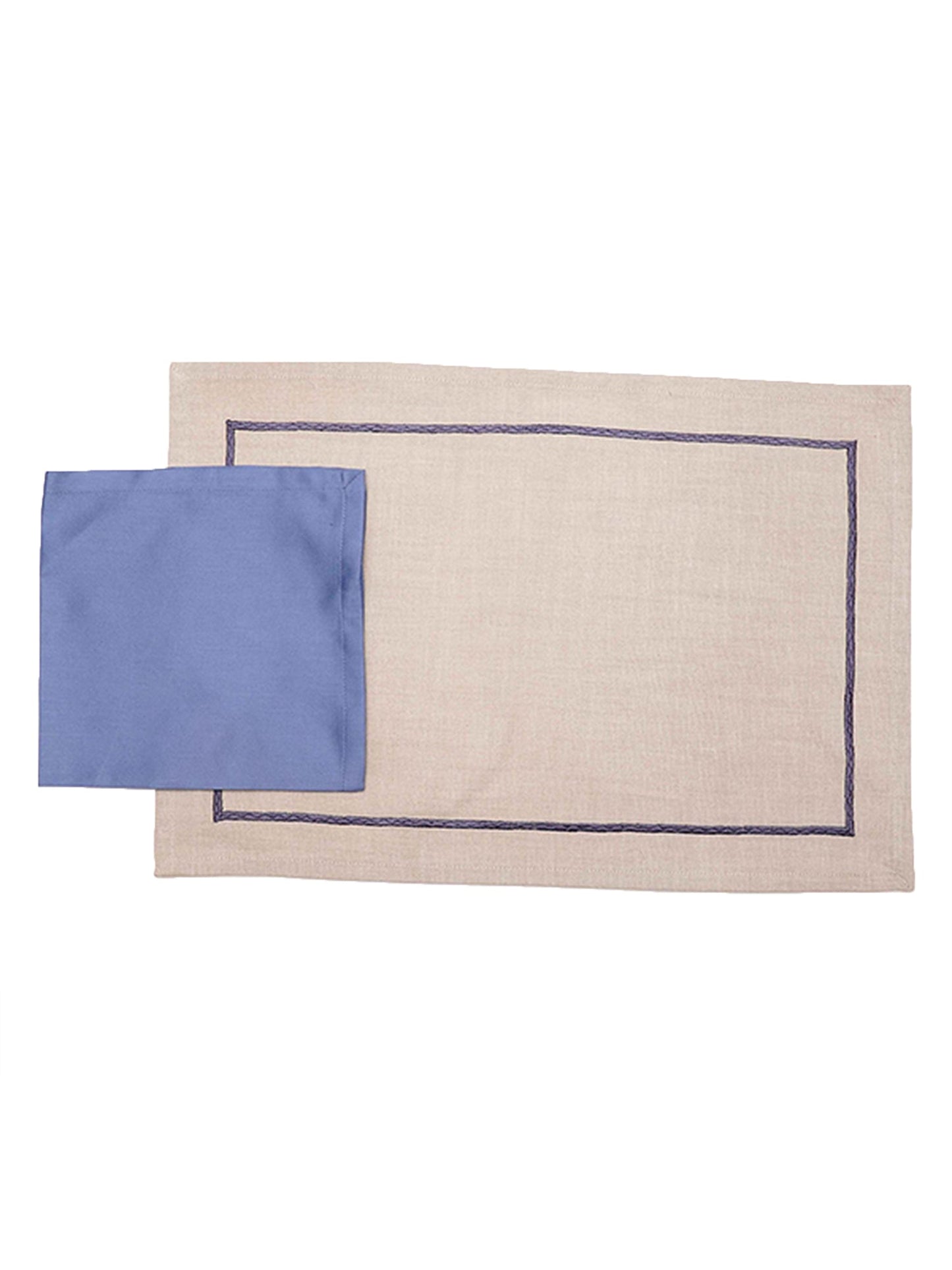 Table Mats and Napkins 100% Cotton Self Textured Blue and Beige - 13" x 19" ; 16" x 16" - Set of 6