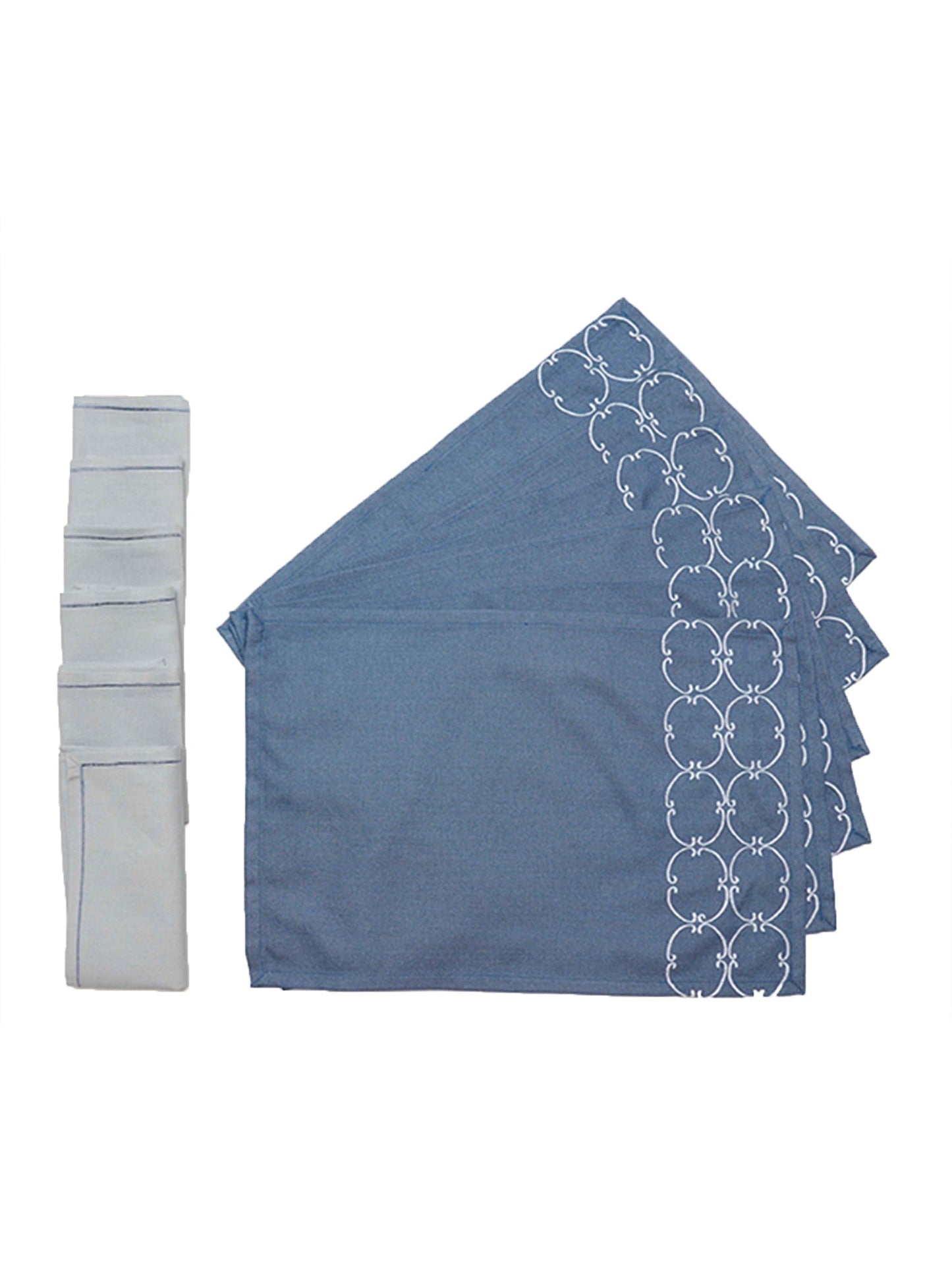 Table Mats and Napkins Polyester and Cotton Embroidered Blue and Duck Egg Blue - 13" x 19" ; 16" x 16" - Set of 6