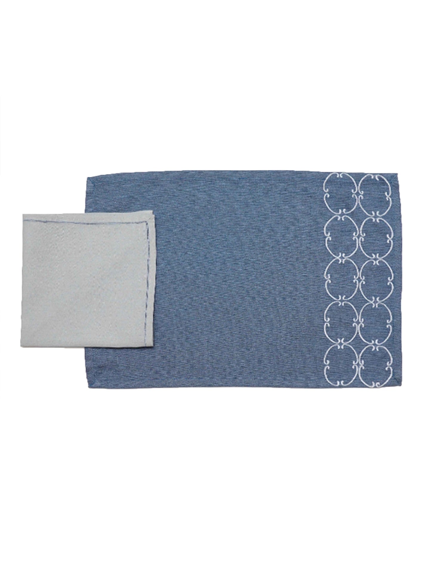 Table Mats and Napkins Polyester and Cotton Embroidered Blue and Duck Egg Blue - 13" x 19" ; 16" x 16" - Set of 6