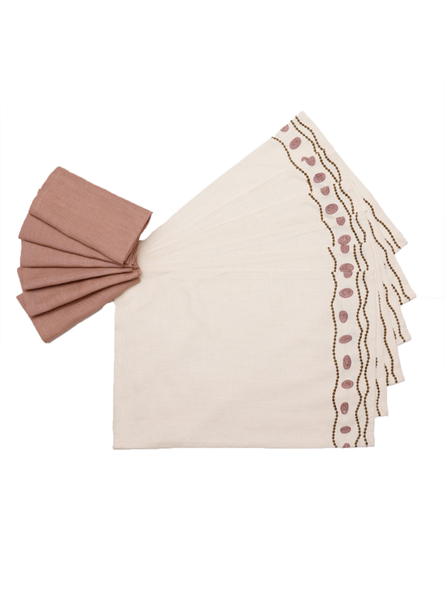 cotton embroidered placemats with napkin set in offwhite and coral color - 13x19 inch