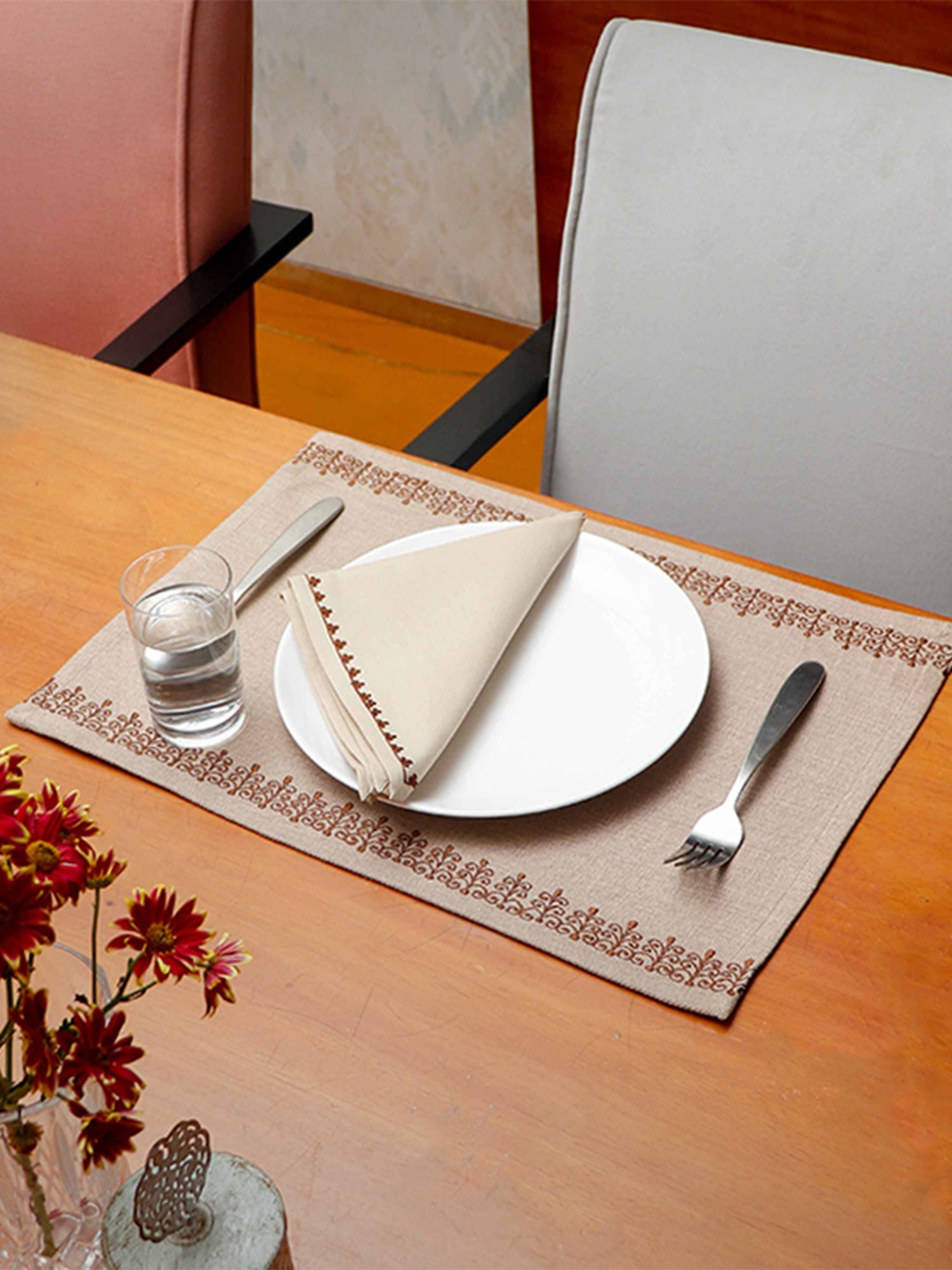 Table Mats and Napkins Cotton Embroidered Beige and Light Beige - 13" x 19" ; 16" x 16" -Set of 6