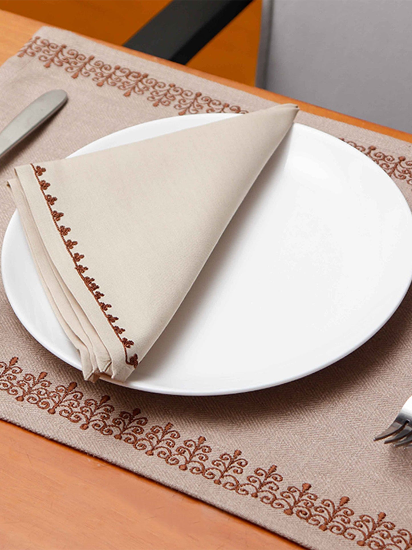 Table Mats and Napkins Cotton Embroidered Beige and Light Beige - 13" x 19" ; 16" x 16" -Set of 6