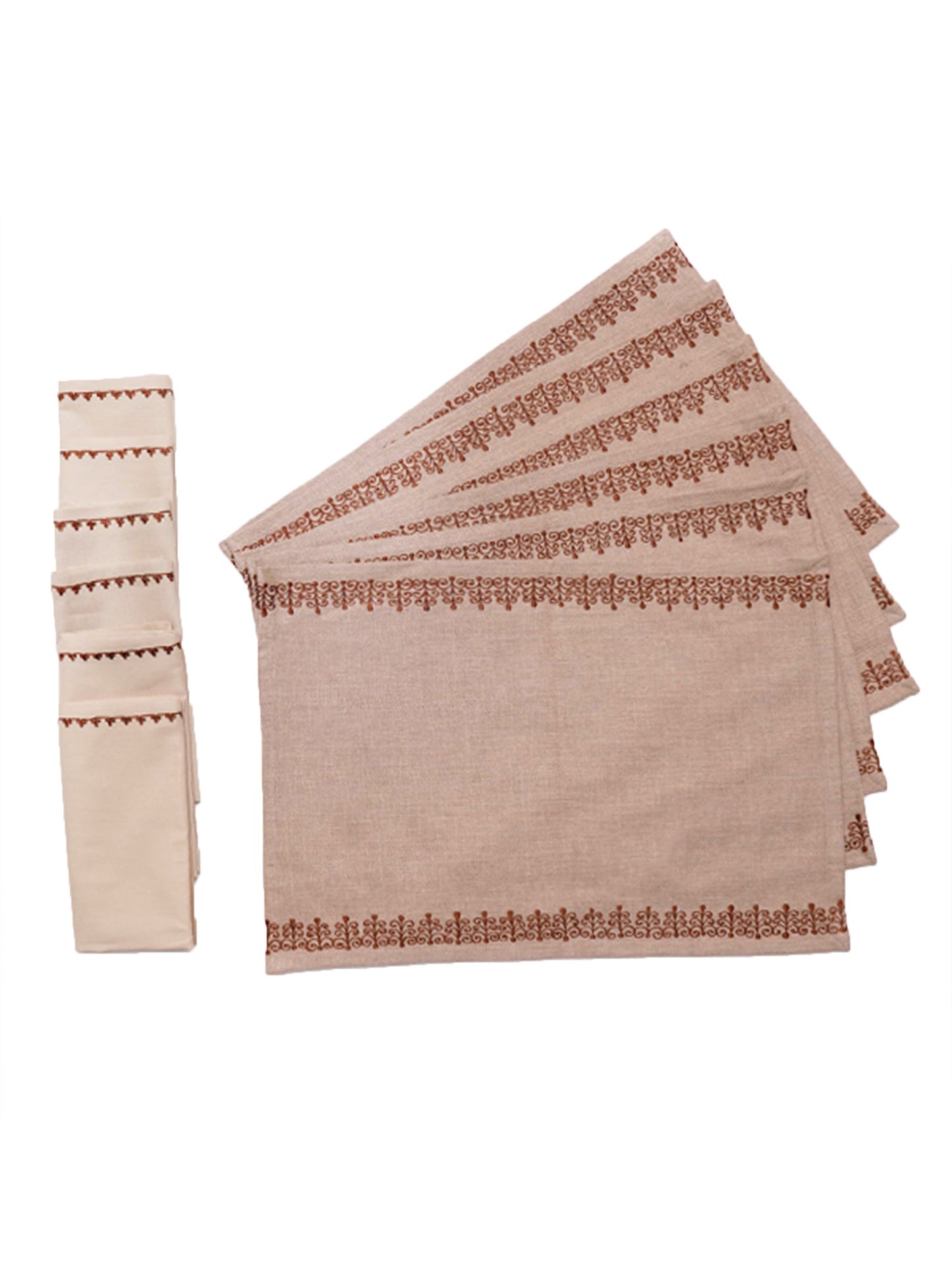 Table Mats and Napkins Cotton Embroidered Beige and Light Beige - 13" x 19" ; 16" x 16" -Set of 6