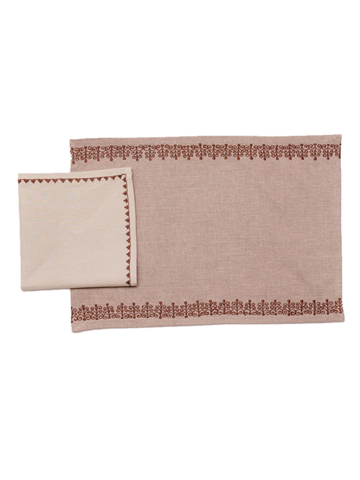 Table Mats and Napkins Cotton Embroidered Beige and Light Beige - 13" x 19" ; 16" x 16" -Set of 6