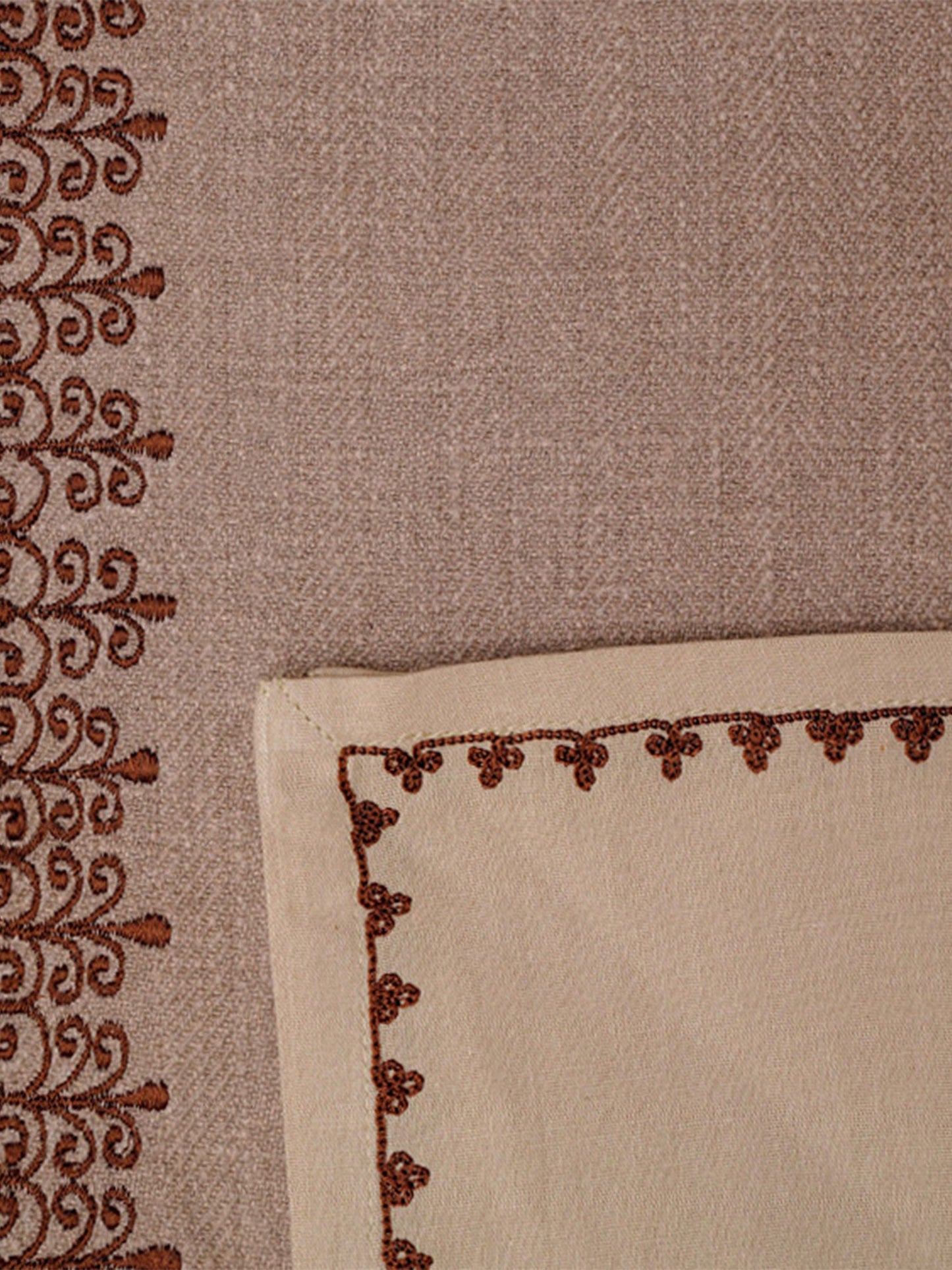Table Mats and Napkins Cotton Embroidered Beige and Light Beige - 13" x 19" ; 16" x 16" -Set of 6