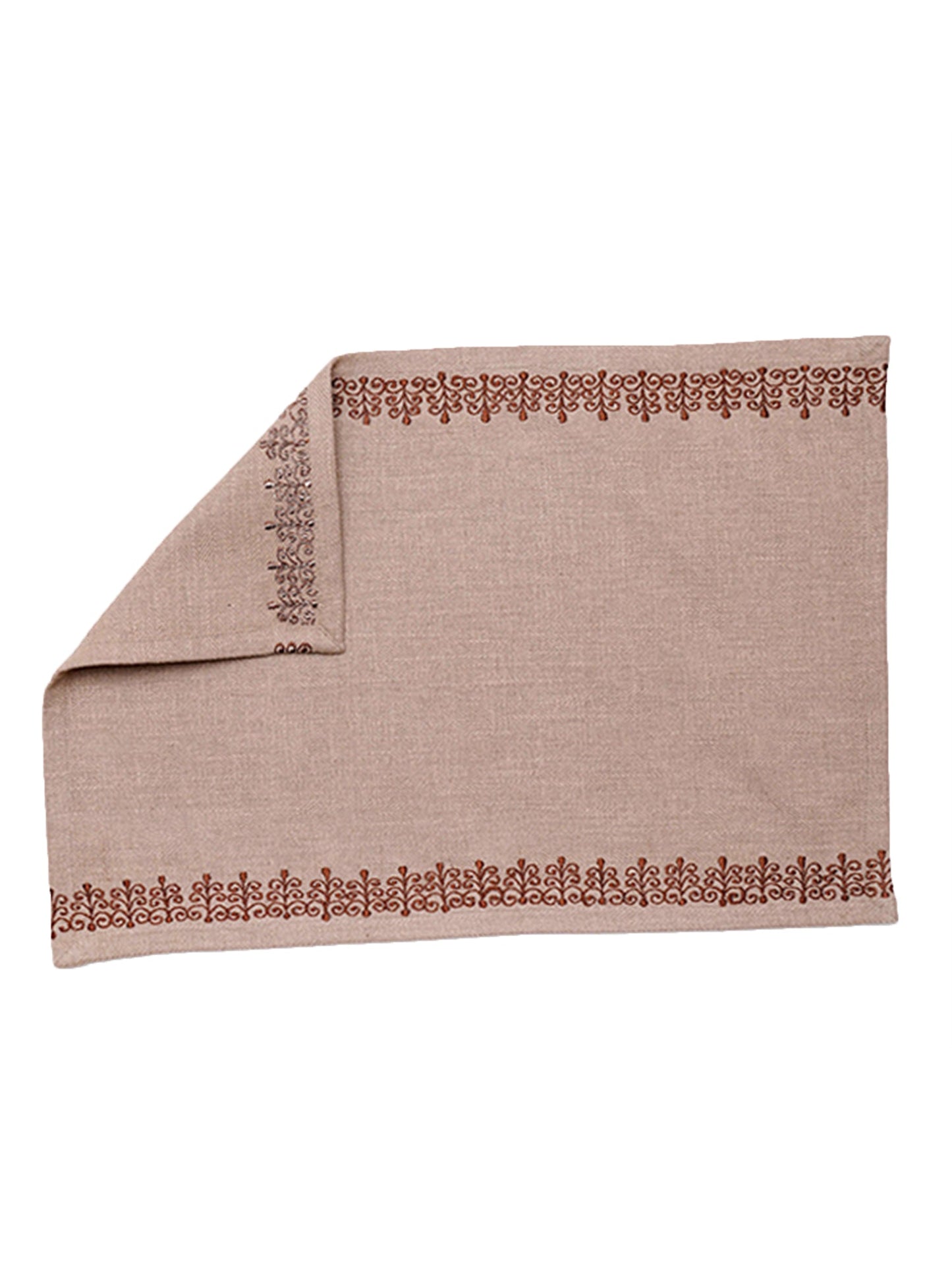 Table Mats and Napkins Cotton Embroidered Beige and Light Beige - 13" x 19" ; 16" x 16" -Set of 6