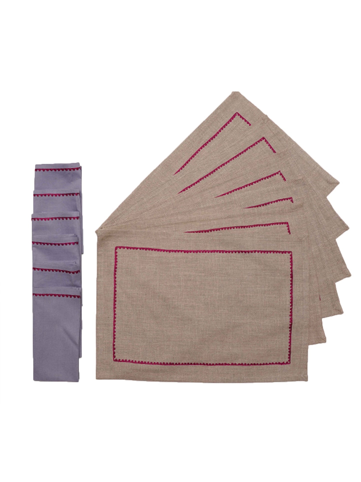 Table Mats and Napkins Cotton Embroidered Grey and Dark Grey - 13" x 19" ; 16" x 16" - Set of 6