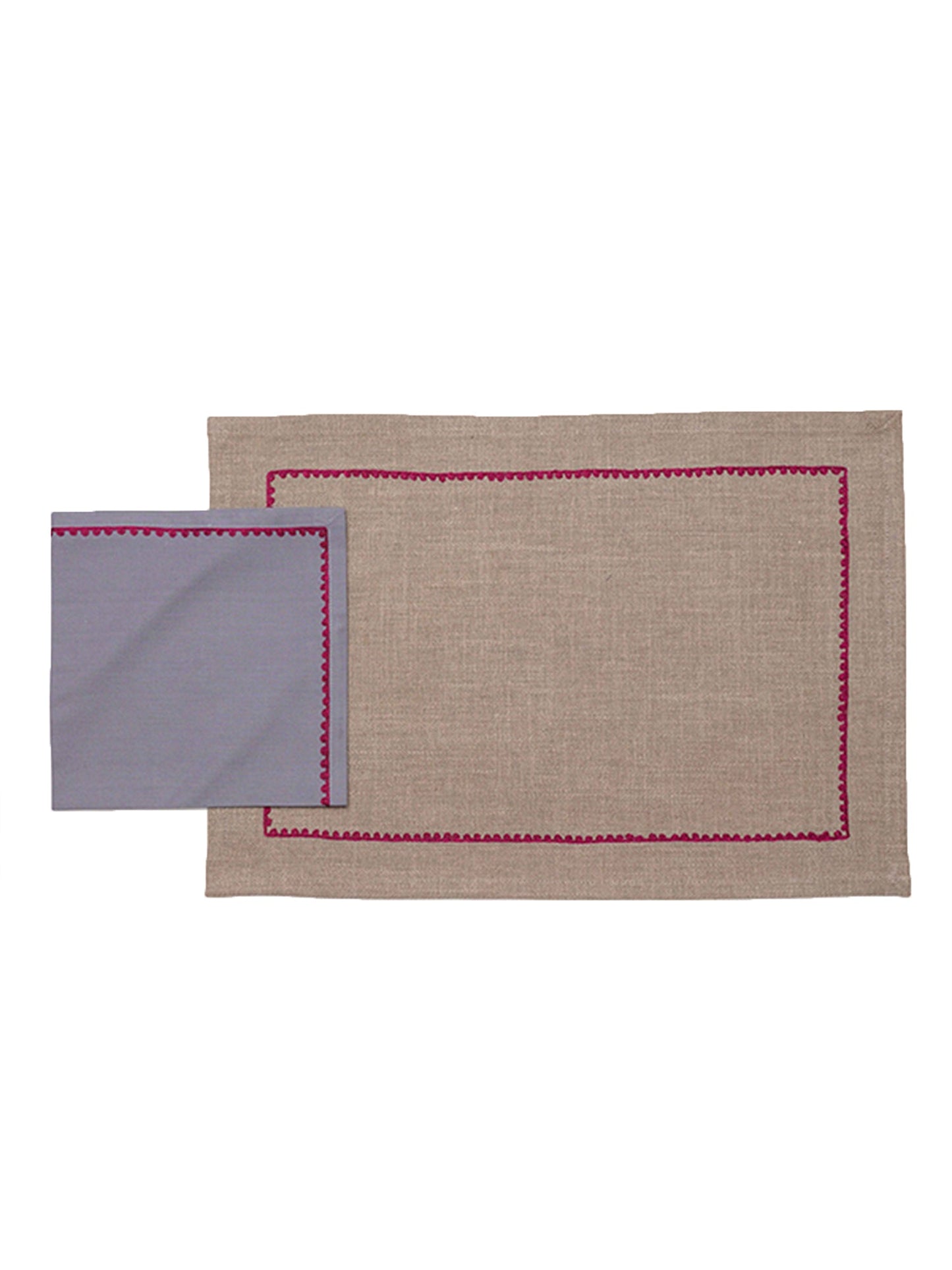 Table Mats and Napkins Cotton Embroidered Grey and Dark Grey - 13" x 19" ; 16" x 16" - Set of 6