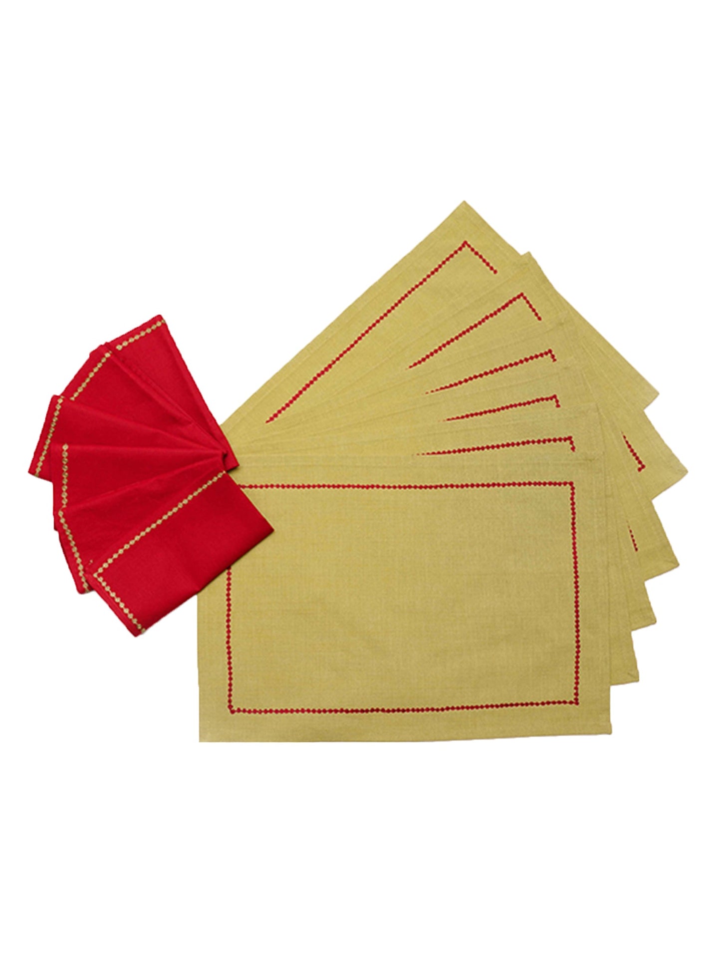 Table Mats and Napkins 100% Cotton Embroidered Green and Red - 13" x 19" ; 16" x 16" - Set of 6