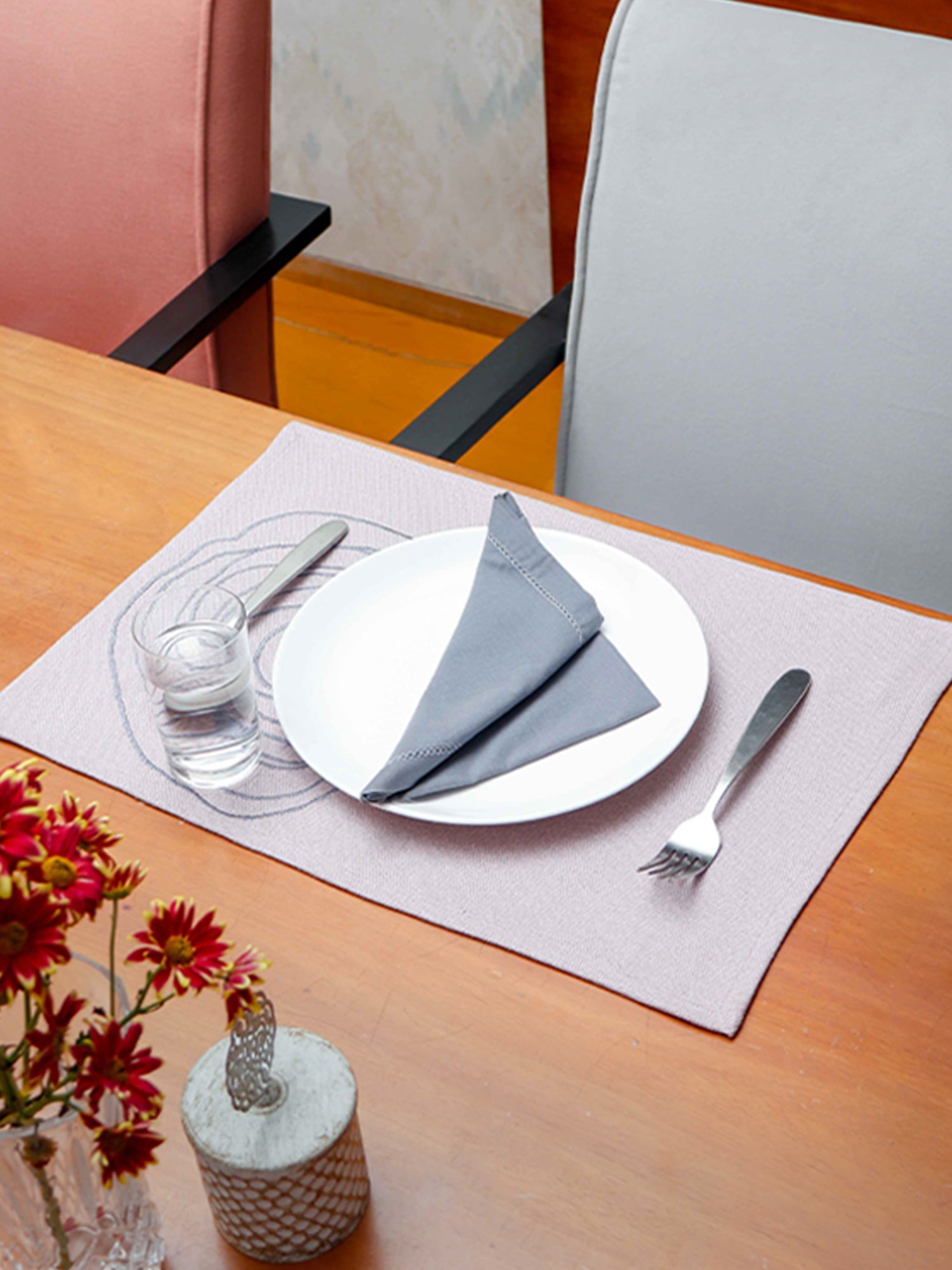 Table Mats and Napkins Cotton Embroidered Dark Grey and Light Pink - 13" x 19" ; 16" x 16" - Set of 6