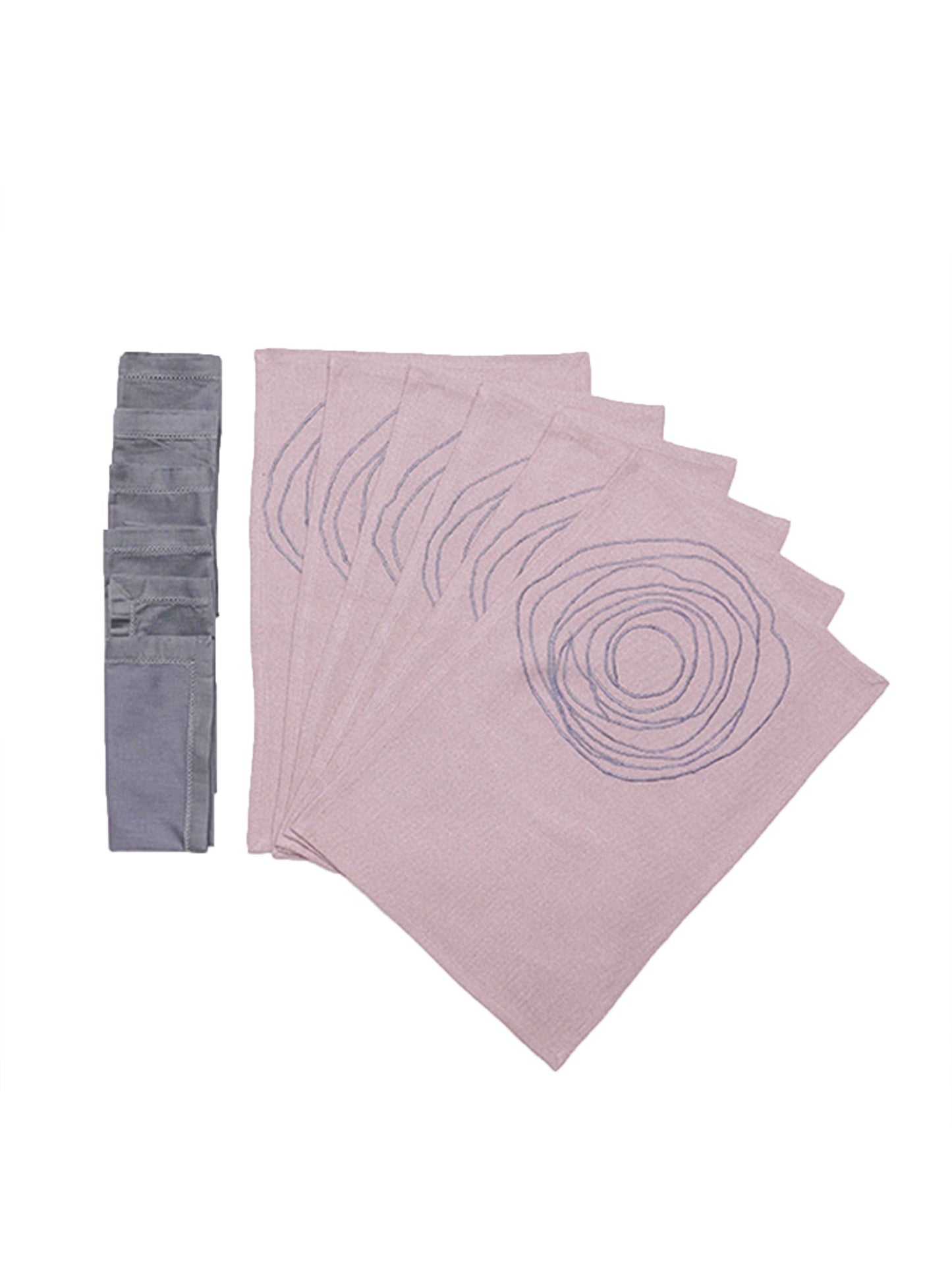 Table Mats and Napkins Cotton Embroidered Dark Grey and Light Pink - 13" x 19" ; 16" x 16" - Set of 6