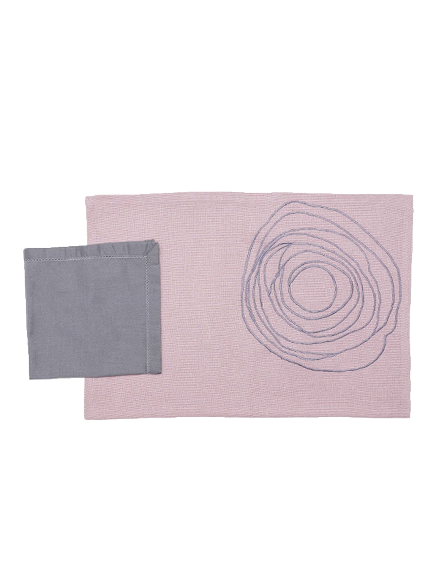 Table Mats and Napkins Cotton Embroidered Dark Grey and Light Pink - 13" x 19" ; 16" x 16" - Set of 6