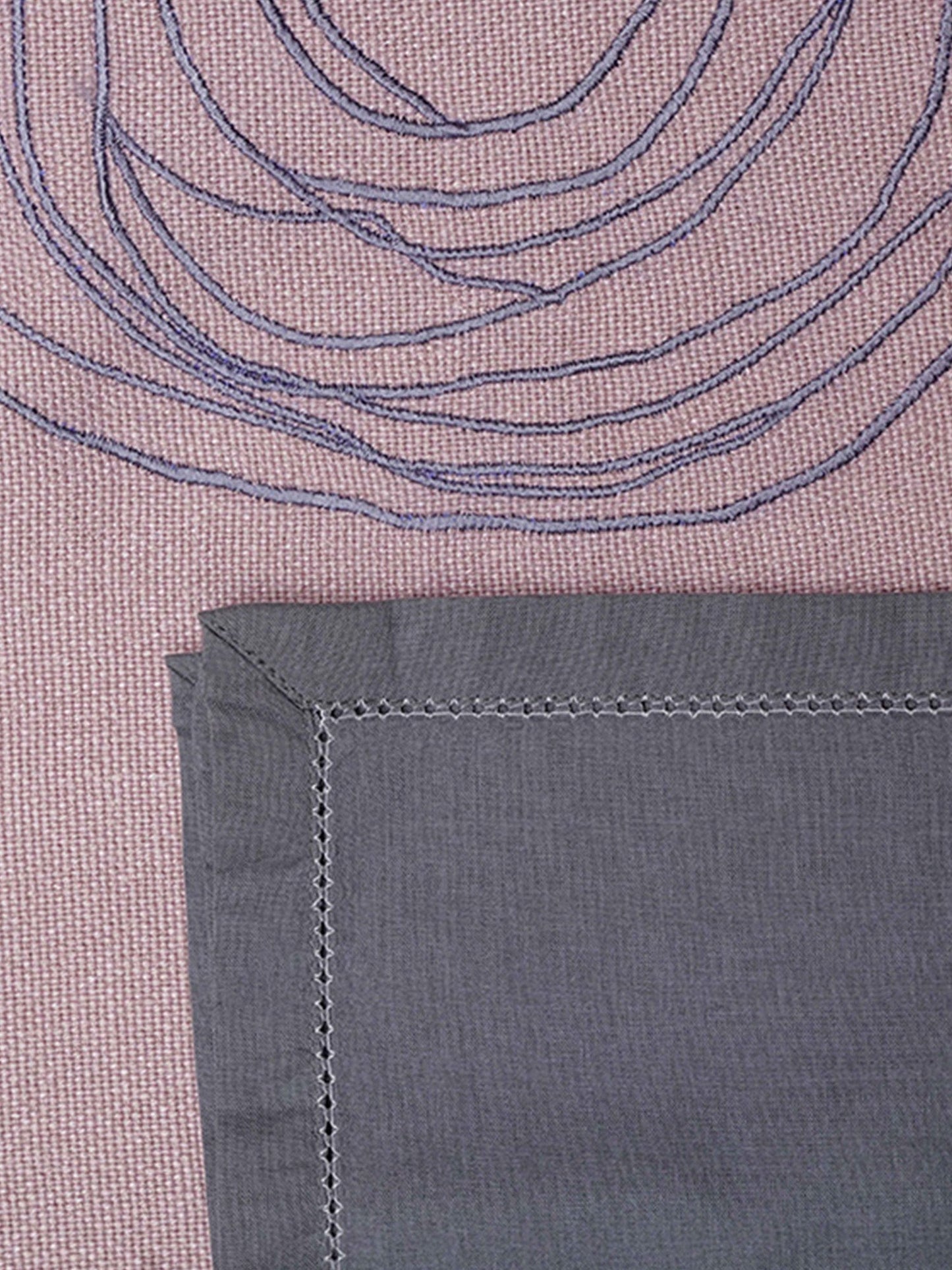 Table Mats and Napkins Cotton Embroidered Dark Grey and Light Pink - 13" x 19" ; 16" x 16" - Set of 6